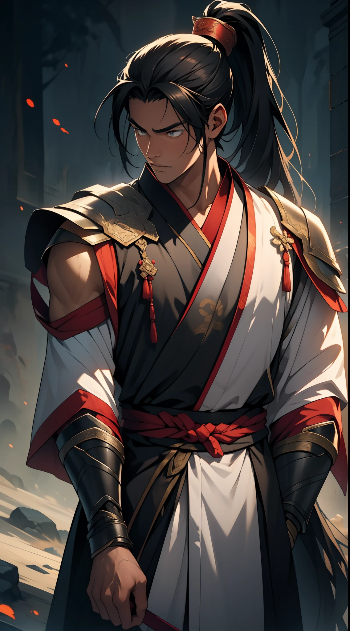 quadratic element,style of anime,mtu(Male Warrior),The proportions are correct,Face details,swordsmen,High ponytail hairstyle,Neck details,(Positive focus),(in the darkness nigth:1),(best qualtiy),(Fidelity:1),filmposter,realistic skin textures,highly detailed,8k wallpaper,Volumetriclighting,动态照明,A man,Long black ponytail hair,long white robe,white sash,A small amount of armor,Shoulder blades,Waist Guard,Hand Guard,Hold the long sword in front of you,mounted on a horse,Ancient Chinese wind,Short sword at the waist,attack pose,blood stain,Broken clothes,Ancient Chinese Battlefield,A group of ancient soldiers chased and killed,Arrows fly,There is a lot of war,the night,Dramatic composition,Sword qi surrounding,The picture is rich in detail,karo,电影灯光,Clothing is complicated,Perfectcomposition,Refinement,high qulity,higher details,Lots of details,The background is complex,a sense of atmosphere,Game quality,Swordsmanship,Light and shadow tracking,Ray traching,detailed glow,cg render,hair detail,