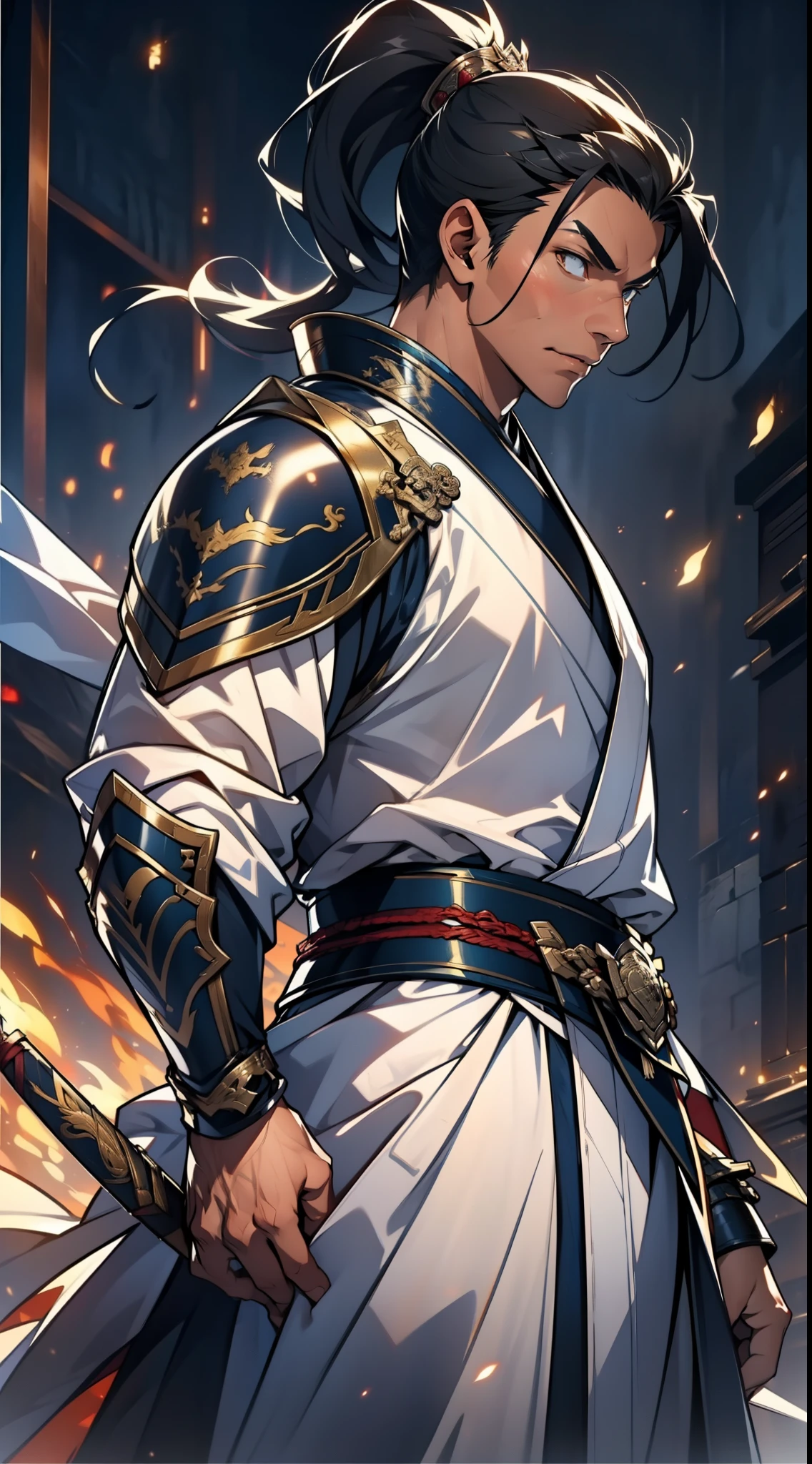 quadratic element,style of anime,mtu(Male Warrior),The proportions are correct,Face details,swordsmen,High ponytail hairstyle,Neck details,(Positive focus),(in the darkness nigth:1),(best qualtiy),(Fidelity:1),filmposter,realistic skin textures,highly detailed,8k wallpaper,Volumetriclighting,动态照明,A man,Long black ponytail hair,long white robe,white sash,A small amount of armor,Shoulder blades,Waist Guard,Hand Guard,Hold the long sword in front of you,mounted on a horse,Ancient Chinese wind,Short sword at the waist,attack pose,blood stain,Broken clothes,Ancient Chinese Battlefield,A group of ancient soldiers chased and killed,Arrows fly,There is a lot of war,the night,Dramatic composition,Sword qi surrounding,The picture is rich in detail,karo,电影灯光,Clothing is complicated,Perfectcomposition,Refinement,high qulity,higher details,Lots of details,The background is complex,a sense of atmosphere,Game quality,Swordsmanship,Light and shadow tracking,Ray traching,detailed glow,cg render,hair detail,