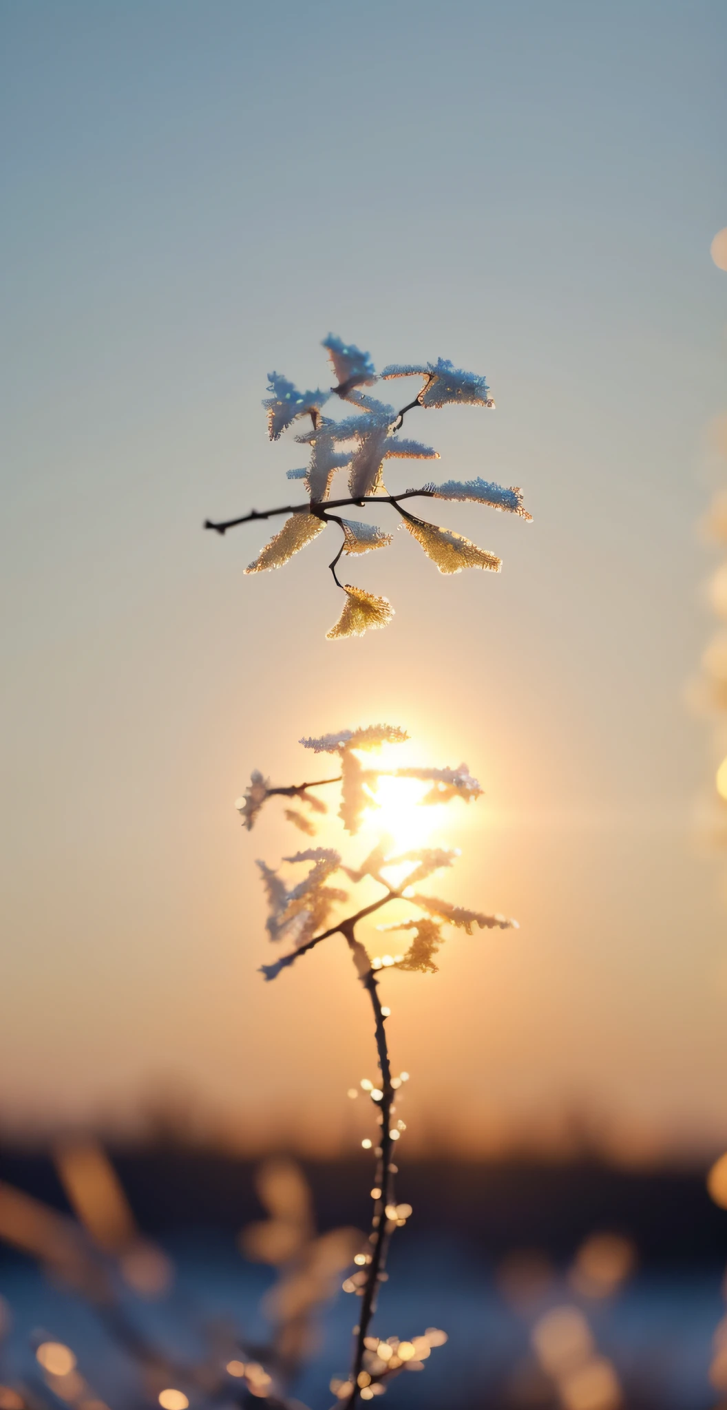 Close-up of plants,tree branch,Foliage,Covered with frost,Yuki,Frost,in the early morning,Halo,ln the forest,depth of fields,back lit lighting,(Macro lens:1.3),Optical illusion,Close-up Shot Shot,Background bokeh,photorealestic,SENSE OF CINEMA,professional photoshooting,Sony FE GM,Lens flare,35mm,macro photograph,16k,Wallpaper phone