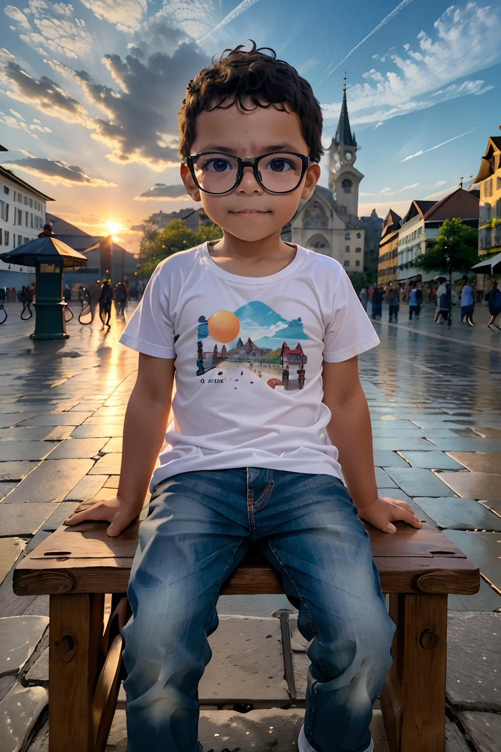 Em uma cena encantadora, A delightful three-year-old, wearing glasses, sits on a wooden bench located in a picturesque square. The scenery is magical when the sun rises on the horizon, Painting the sky with warm shades of orange and pink. The child is radiating happiness, His eyes sparkle with admiration as he witnesses the spectacle of the sunrise. The first rays of the morning sun reflect on his glasses, criando pequenos pontos de luz. The scene is incredibly detailed, with all aspects of the square, from the wooden benches to the colorful flowers and the cobblestone path, meticulosamente retratado. The image is captured in high resolution, providing a rich and immersive visual experience in 8K.