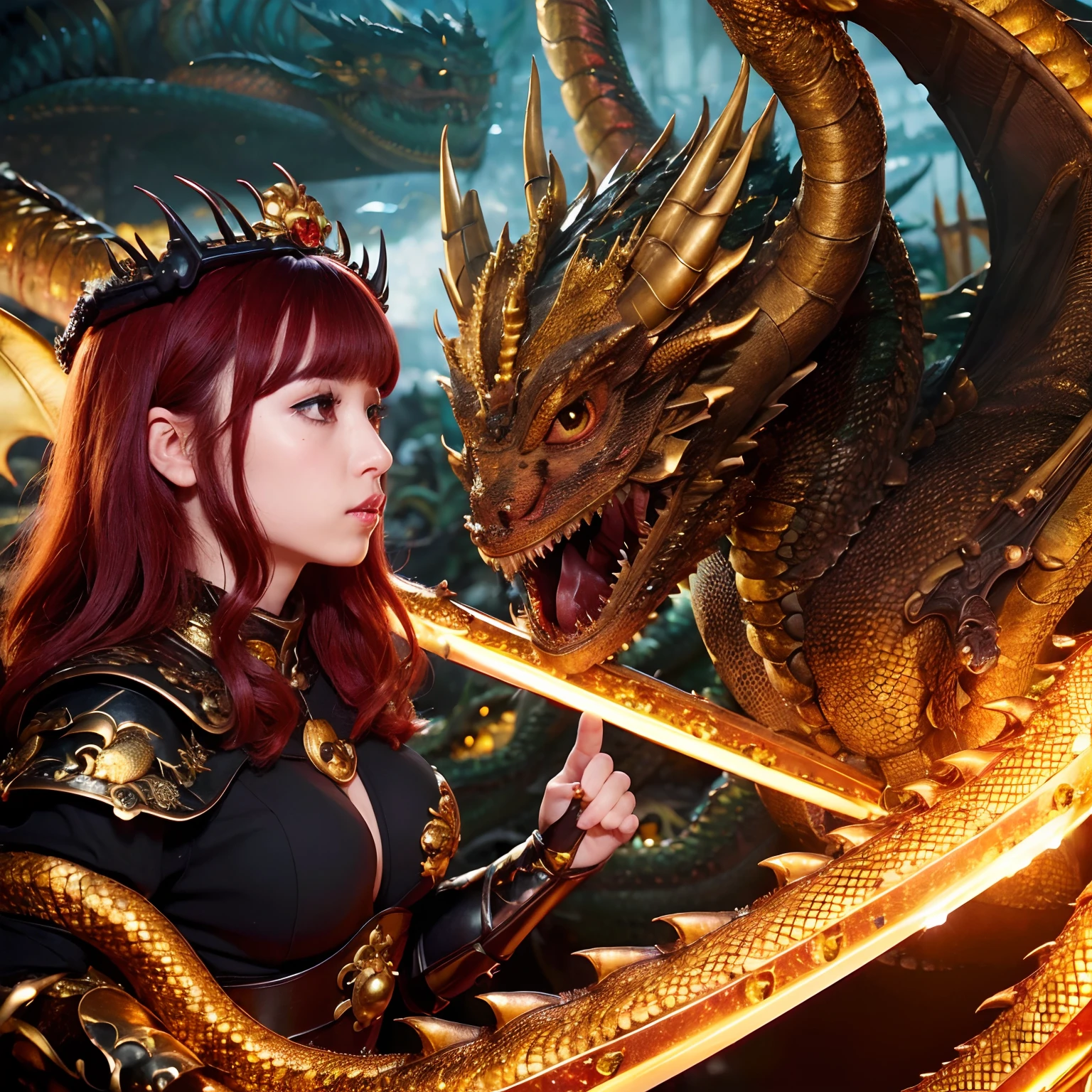 (The Ultimate Beauty Face), Professional , masterpiece、top-quality、photos realistic , depth of fields (Gemstone Gold Metal Body:1.4),(Matte Gold、(cleavage of the breast)、Dragon Gold Weapon,Mystical expression、Particles of light、((((Fight dragons)))、(Dragon Metal Body:1.4),Gorgeous gold weapons ,(( Dragon's dense and gorgeous sword)) , Beautiful knife ,warhammer 40k , adepta sororitas,Detail and gorgeous crown、((Red hair))、(Castle background)、、((Gangle's forest background))、Beautiful Caucasian beauty、1a person、dynamic ungle,(((Detailed and ornate Black Devil Crown)))、Smaller head、A smile、Castle background、Thin and beautiful female hands、cleavage of the breast、Soldier in iron armor on background、Mystical expression、Light Effects、intense fighting、Wind-effect、magic circles、With the legendary magic wand、(demonic wings)、