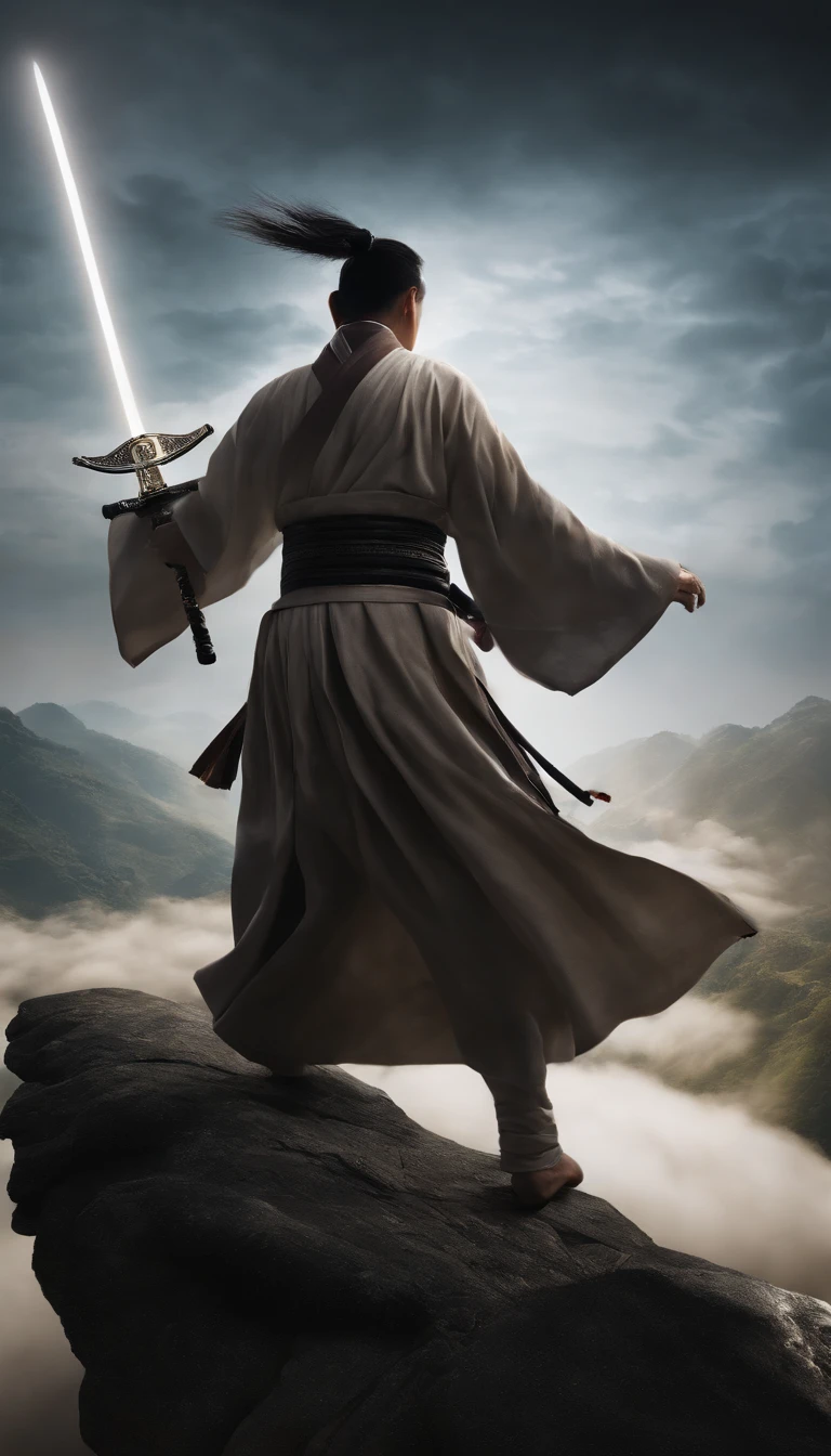 ((Masterpiece)),(Best quality)),Faraway view,There were twenty swords suspended in the air,A young Taoist priest,Infinite Sword System,Glow effects,Hyper-realistic,Ultra photo realsisim,Chinese ink style,8K,super-fine,high qulity