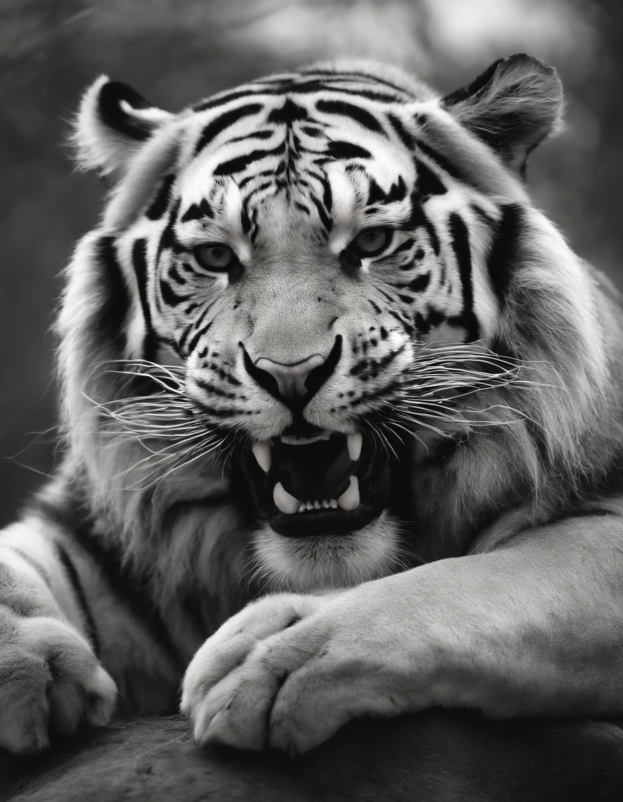 China-style,中景 the scene is,The Taoist priest stood in front of the roaring giant white tiger,(((White tiger))),Stretch your hands,Long messy hair,Glow effects,Hyper-realistic,Ultra photo realsisim,Chinese black and white ink style,(((white colors))),Decolorization,Smudge,ink,8K,super-fine,high qulity,(((OC renderer)))