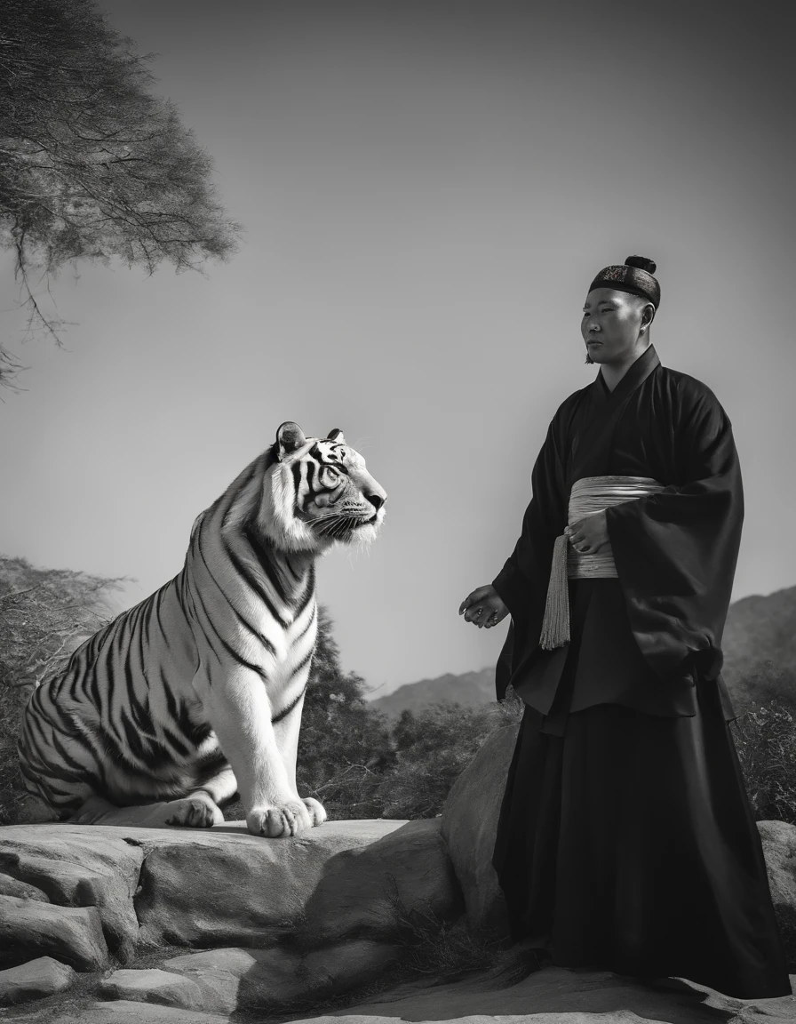 China-style,中景 the scene is,The Taoist priest stood in front of the roaring giant white tiger,(((White tiger))),Stretch your hands,Long messy hair,Glow effects,Hyper-realistic,Ultra photo realsisim,Chinese black and white ink style,(((white colors))),Decolorization,Smudge,ink,8K,super-fine,high qulity,(((OC renderer)))