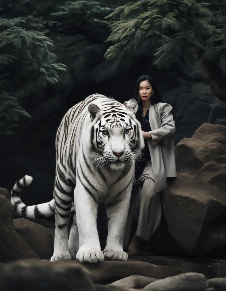 China-style,中景 the scene is,The Taoist priest stood in front of the roaring giant white tiger,(((White tiger))),Stretch your hands,Long messy hair,Glow effects,Hyper-realistic,Ultra photo realsisim,Chinese black and white ink style,(((white colors))),Decolorization,Smudge,ink,8K,super-fine,high qulity,(((OC renderer)))