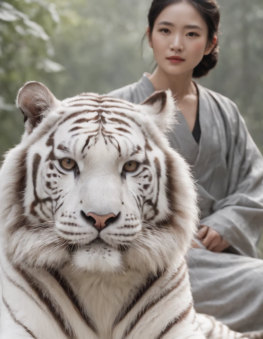China-style,中景 the scene is,The Taoist priest stood in front of the roaring giant white tiger,(((White tiger))),Stretch your hands,Long messy hair,Glow effects,Hyper-realistic,Ultra photo realsisim,Chinese black and white ink style,(((white colors))),Decolorization,Smudge,ink,8K,super-fine,high qulity,(((OC renderer)))
