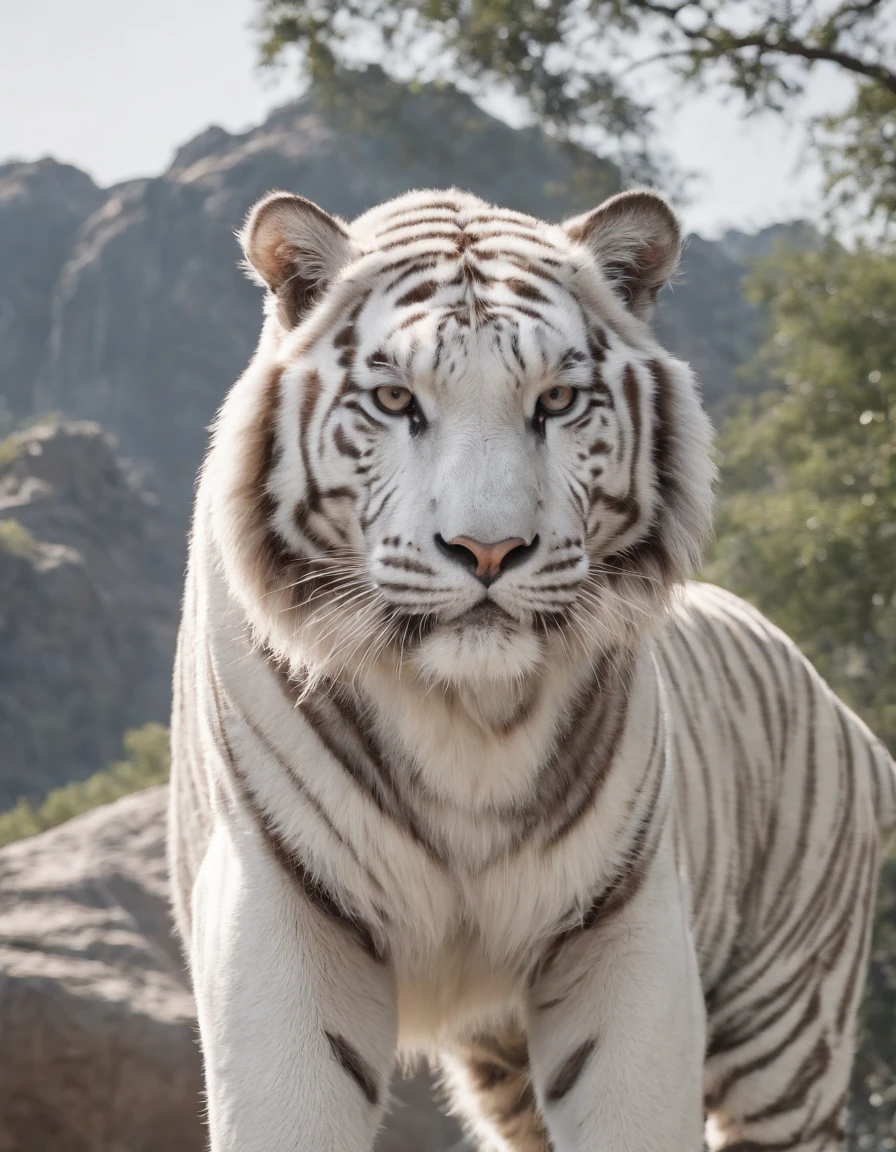 China-style，中景 the scene is，The Taoist priest stood in front of the roaring giant white tiger，（（（White tiger））），Stretch your hands，Long messy hair，Glow effects，Hyper-realistic，Ultra photo realsisim，Chinese black and white ink style，（（（white colors））），Decolorization，Smudge，ink，8K，super-fine，high qulity，（（（OC renderer）））