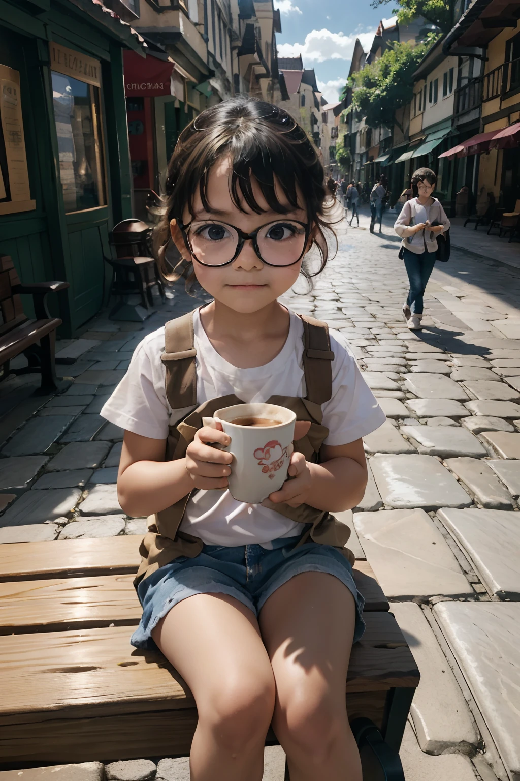 In a charming scene, an adorable three-year-old child, wearing glasses, sits on a wooden bench located in a picturesque square. The child holds a steaming cup of coffee in their hands. The setting is magical as the sun rises on the horizon, painting the sky with warm shades of orange and pink. The child is radiating happiness, their eyes gleaming with admiration as they witness the spectacle of the sunrise. The first rays of morning sun reflect in their glasses, creating tiny points of light. The scene is incredibly detailed, with every aspect of the square, from the wooden benches to the colorful flowers and the cobblestone path, meticulously portrayed. The image is captured in high resolution, providing a rich and immersive visual experience in 8K.