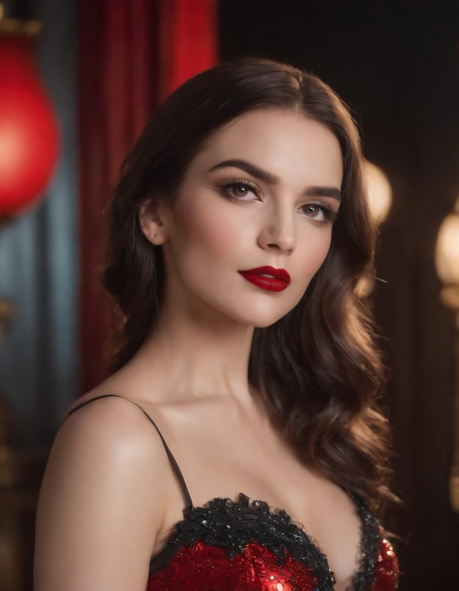 photoshoot de corpo inteiro do personagem Moulin Rouge uma mulher villiana realmente lindo com cabelo branco de neve, red lips, uma exuberante figura de ampulheta, in black latex polishing mini, intrincado detalhado em bejeweled mais rico, Fundo Moulin Rouge, dramatic lighting, hyper realistic, 8k cinematic, UHD, QG, medium shot