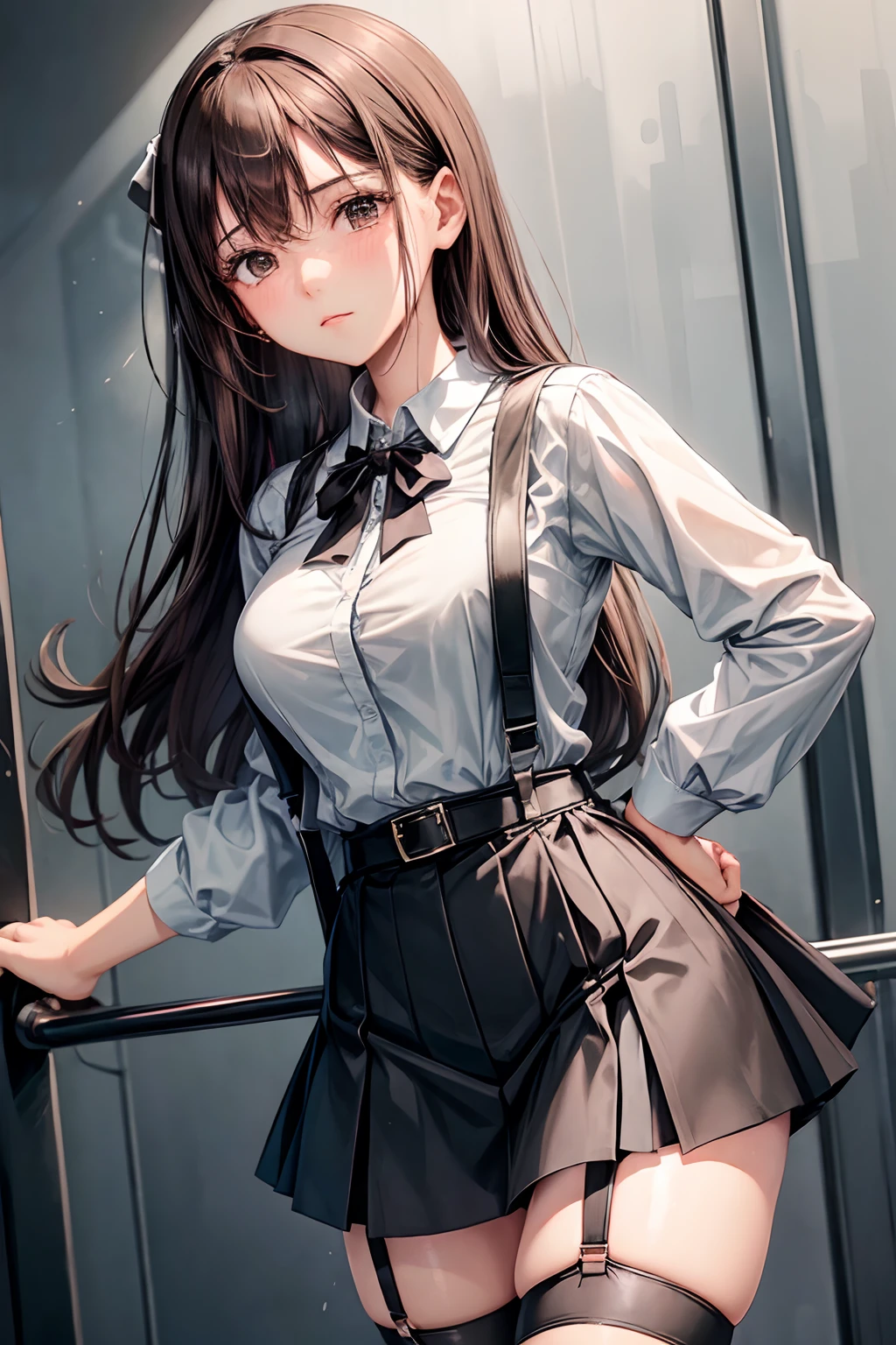 Black skirt, suspenders, Brown hair Gray eyes, Garter belt on the legs, Tight black clothes, a belt Armpit sweat Dark look Moderately breasts holster chain poneyTail Water wetting