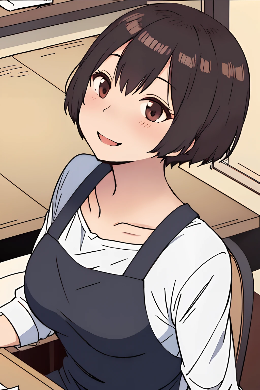 1girl, KENCHAN-MAMA, apron, Short hair, black hair, brown eyes, Solo, Solo Focus, female focus, face focus, upper body, smile,