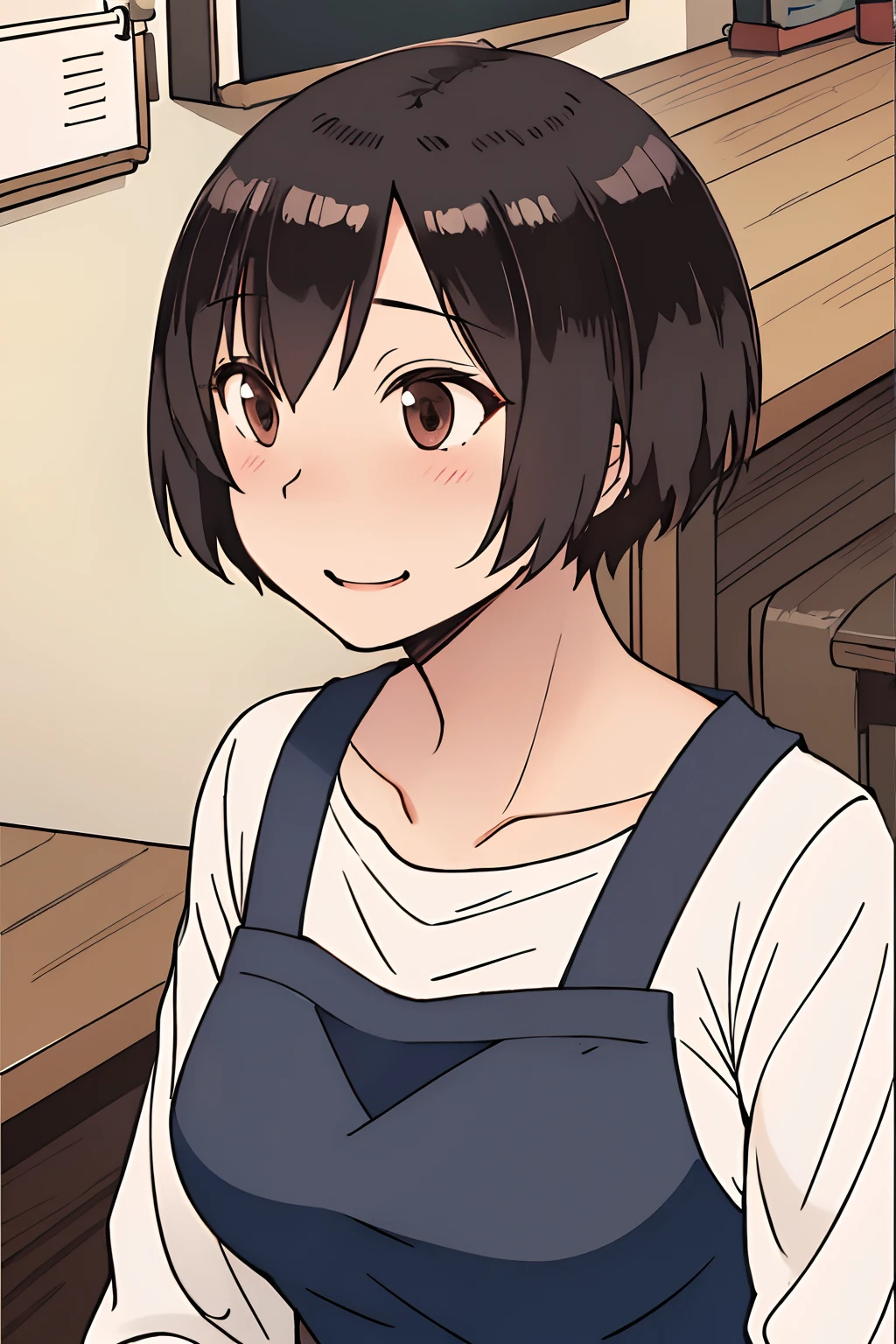 1girl, KENCHAN-MAMA, apron, Short hair, black hair, brown eyes, Solo, Solo Focus, female focus, face focus, upper body, smile,