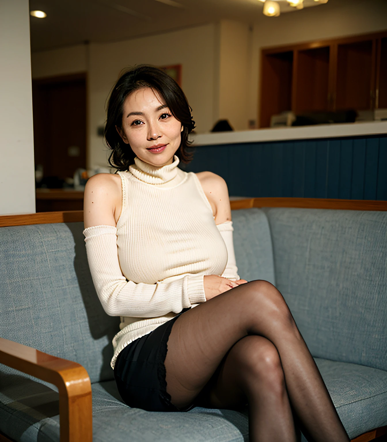 japanese mature, (Solo), 50 years old, (Wrinkles at the corners of the eyes:1.2), Large breasts, A MILF, glamor, A sexy, Chromo-white skin, Looking at Viewer、Super large udder、Wearing a sleeveless turtleneck knit、Tight Fit Knitted Dresses、Muchimuchi、Black pantyhose、high-heels、ssmile、Public places、legs crossed、Panties exposed