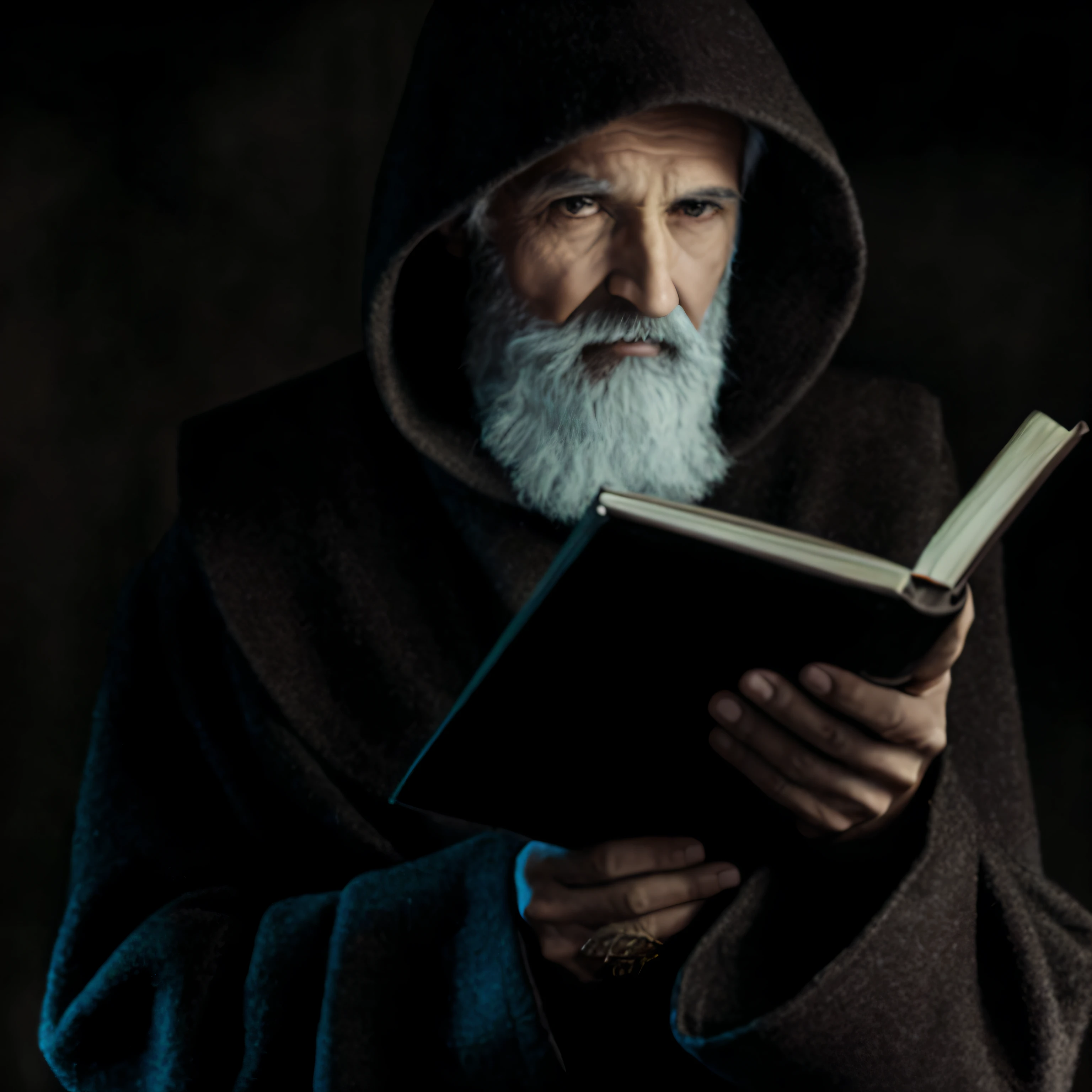 Homem com um manto encapuzado segurando um livro, wizard reading a directory, monge no escuro, Velho Mestre Jedi, Velho masculino, Wise old man, mago masculino, Portrait of St. Alphonsus Mary Liguori