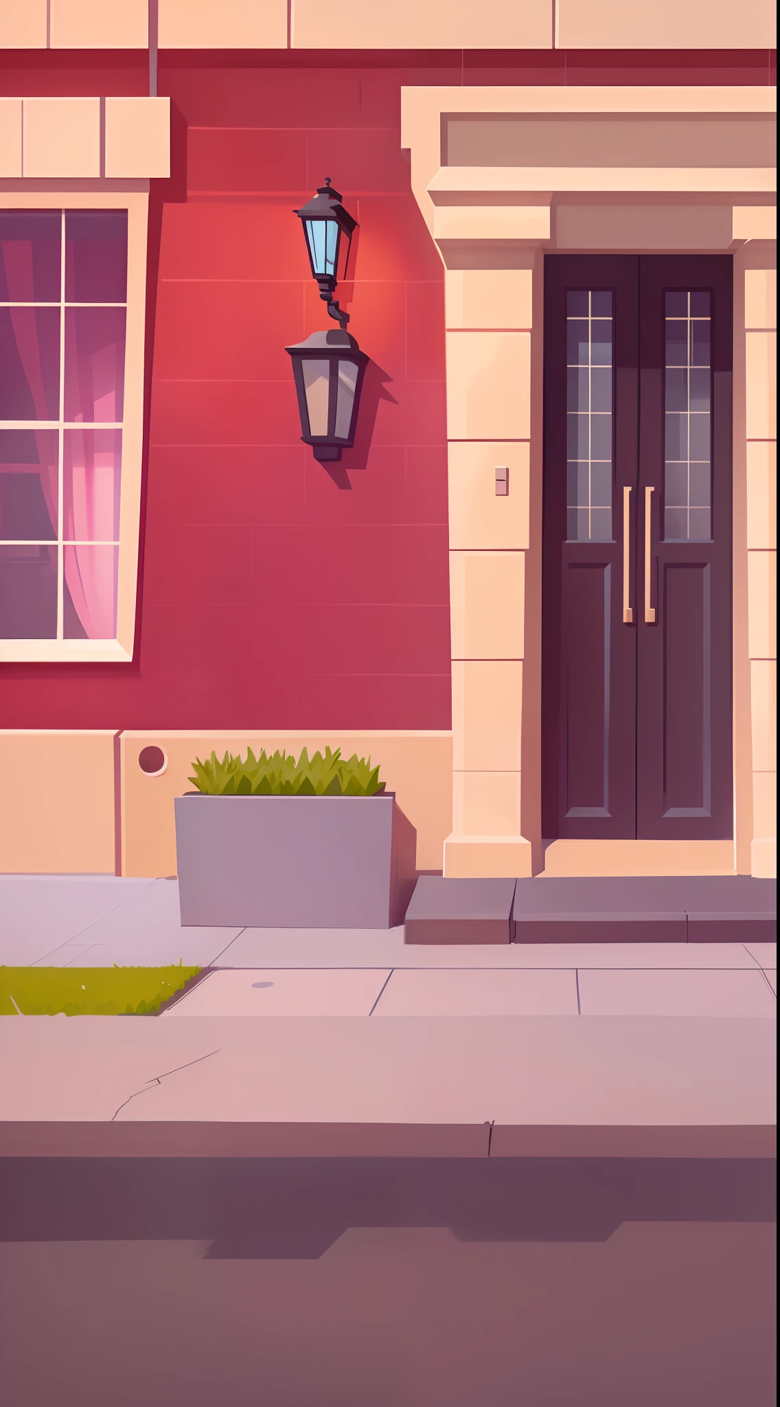 Cartoon illustration on street corner with red brick building and black door, 2 D game art background, arte de fundo, city street view background, random background scene, 2d game background, fundo de casa, background artwork, 2d game environment design, Detailed 2D illustration, Stylized digital illustration, Cartoon style illustration, 2d game asset, Street background
