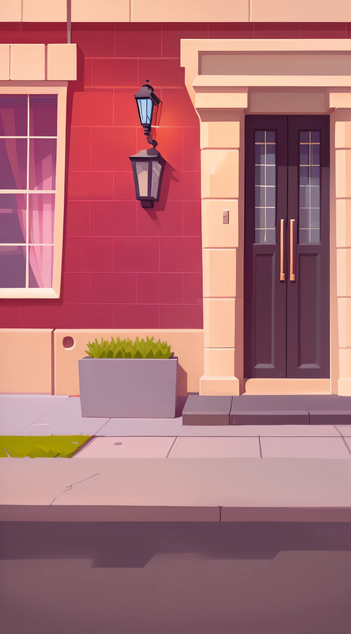 Cartoon illustration on street corner with red brick building and black door, 2 D game art background, arte de fundo, city street view background, random background scene, 2d game background, fundo de casa, background artwork, 2d game environment design, Detailed 2D illustration, Stylized digital illustration, Cartoon style illustration, 2d game asset, Street background