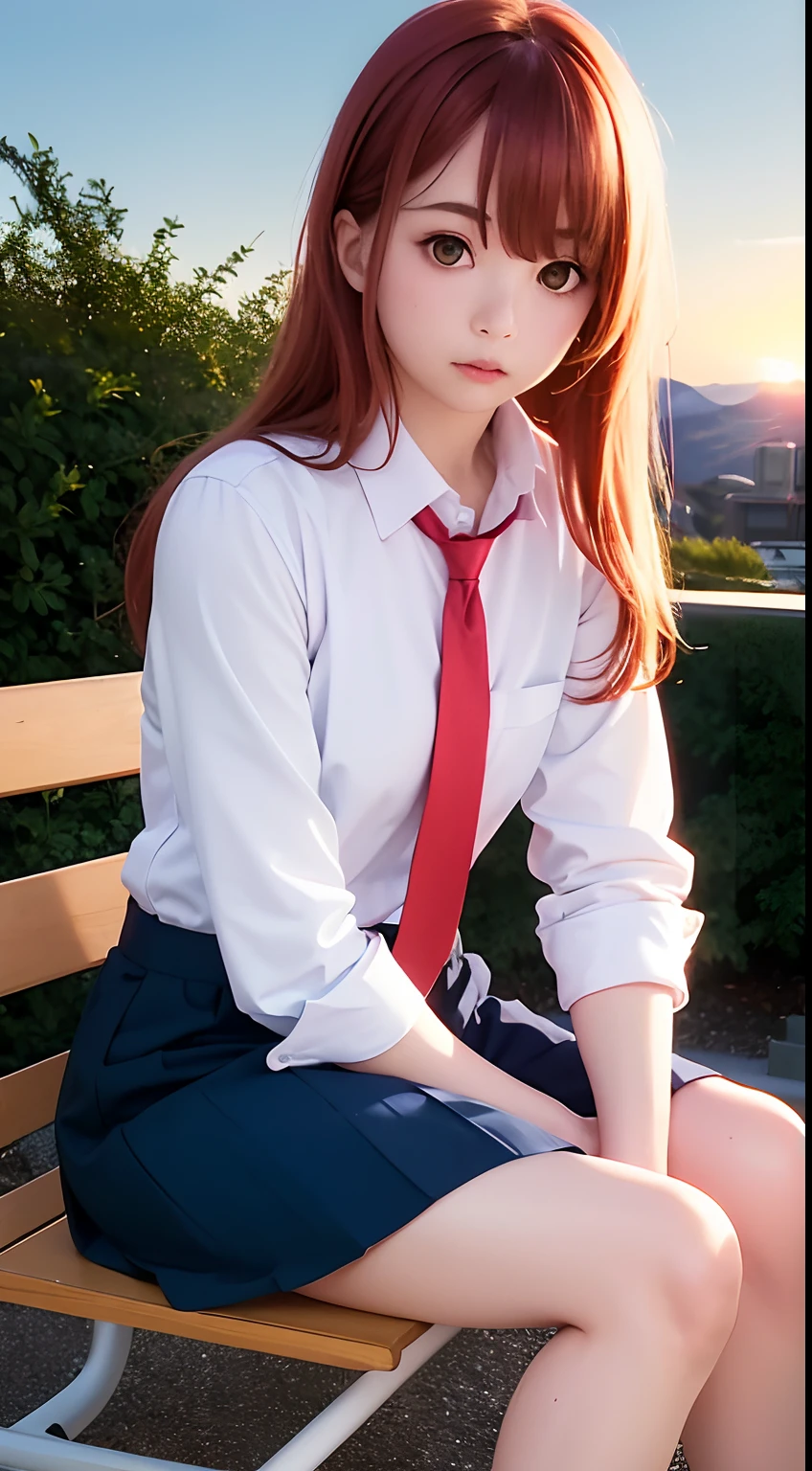 aika, 1girl, solo, long hair, looking at viewer, blush, bangs, shirt, closed mouth, green eyes, white shirt, necktie, collared shirt, orange hair, red necktie, crossed legs, blue short skirt, bare legs, masterpiece, sunset, absurdres, sitting,
