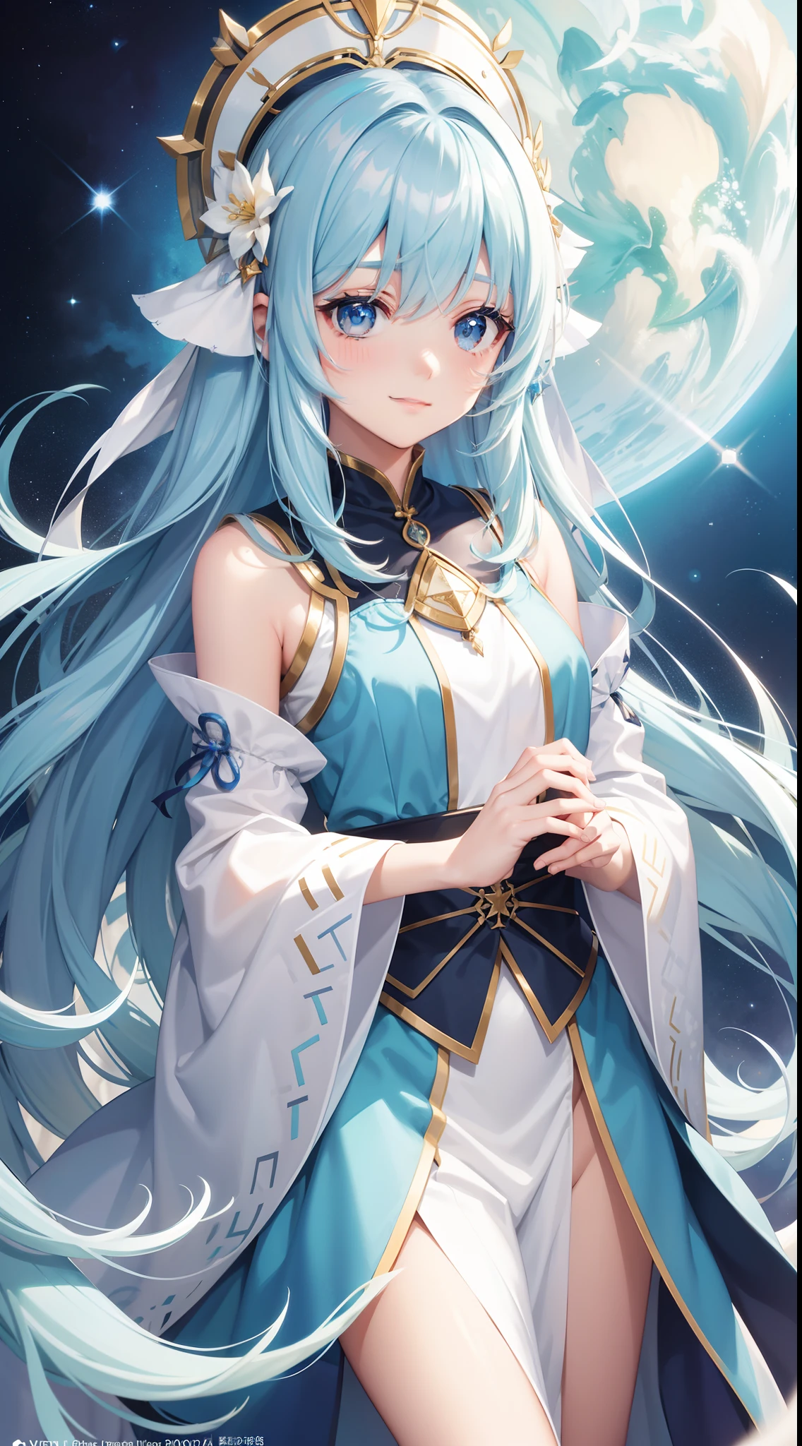 Beautiful feathers in watercolor、stele、kosmos、Girl exploring space、Light blue long hair、Twin-tailed、A charming smile、full bodyesbian、Lateral、fantasy illustrations、face perfect、Beautiful faces and stars、Beautiful flowing light hair、beautiful countenance、face perfect、Black eyes、tenderness、Flowing Dresses、Vivid vivid colors、intricate detailes、Hyper-detailing、Hyper-detailing、hyper quality