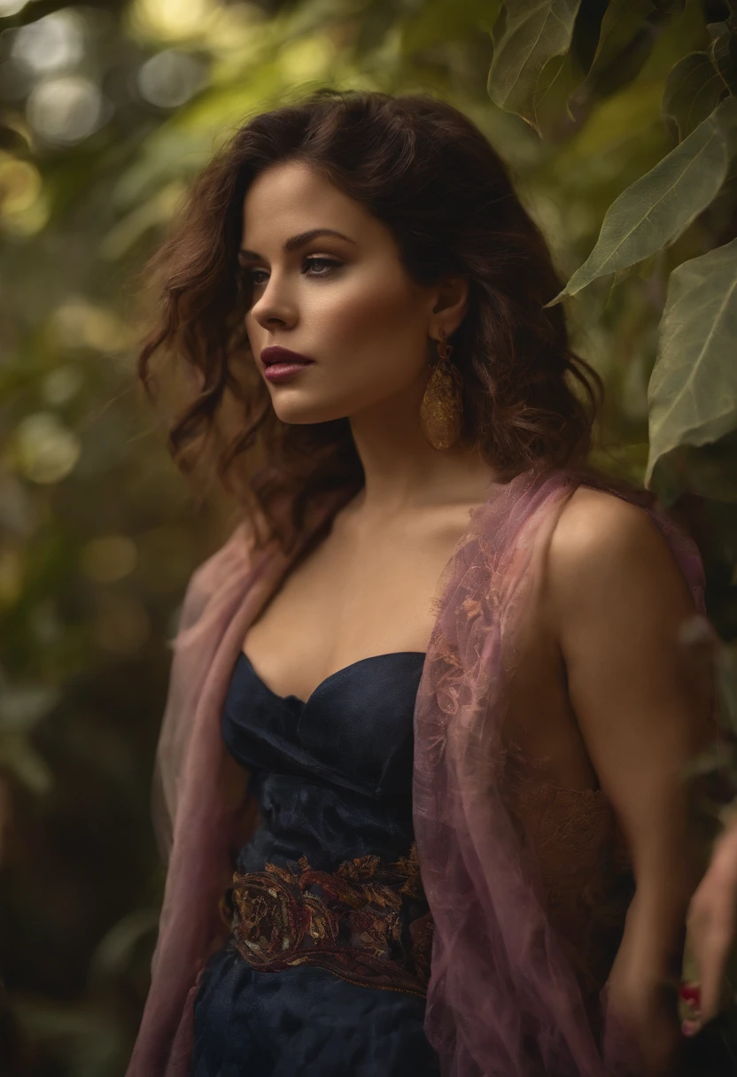 Selena Gomez Jennifer Lawrence, ((extreme close-up shot)), (from the side angle shot) ,pink curly hair, over head shot, James Jean Soft Light, 4K, Yuri Schvedorf and Tom Bagshaw, Sylvain Sarrell and Igor Mosky, ((ultra-detailed face)), ((detailed eyes)), camel toe, details and vivid colors, woman, vibrant, posing, colorful, dynamic, background red violet yellow leaves, detailed clothes, blue violet background light, tattoos, jungle with yellow red big leaves, high contrast, high exposure, bracelet, transparent lingerie, intensive colorful makeup, ((dark lips)),