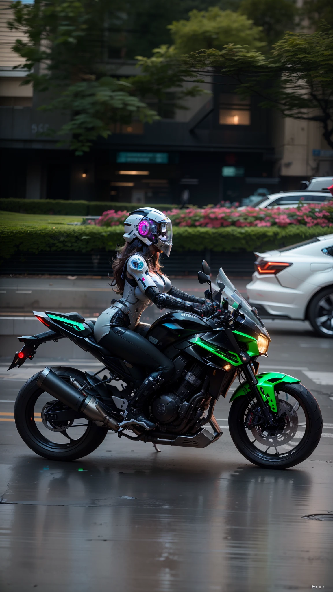 Cute cyberpunk female knight,Long flowing white hair,Black mech costume,Sophisticated white tech helmet,Nousr, Biomechanicals, MSHN Robot Woman,High-tech helmet,hyper realisitc, Steel, Complex design, insanely details, finely detailled, Extremely clear lines, cinmatic lighting, photograph realistic, A detailed masterpiece