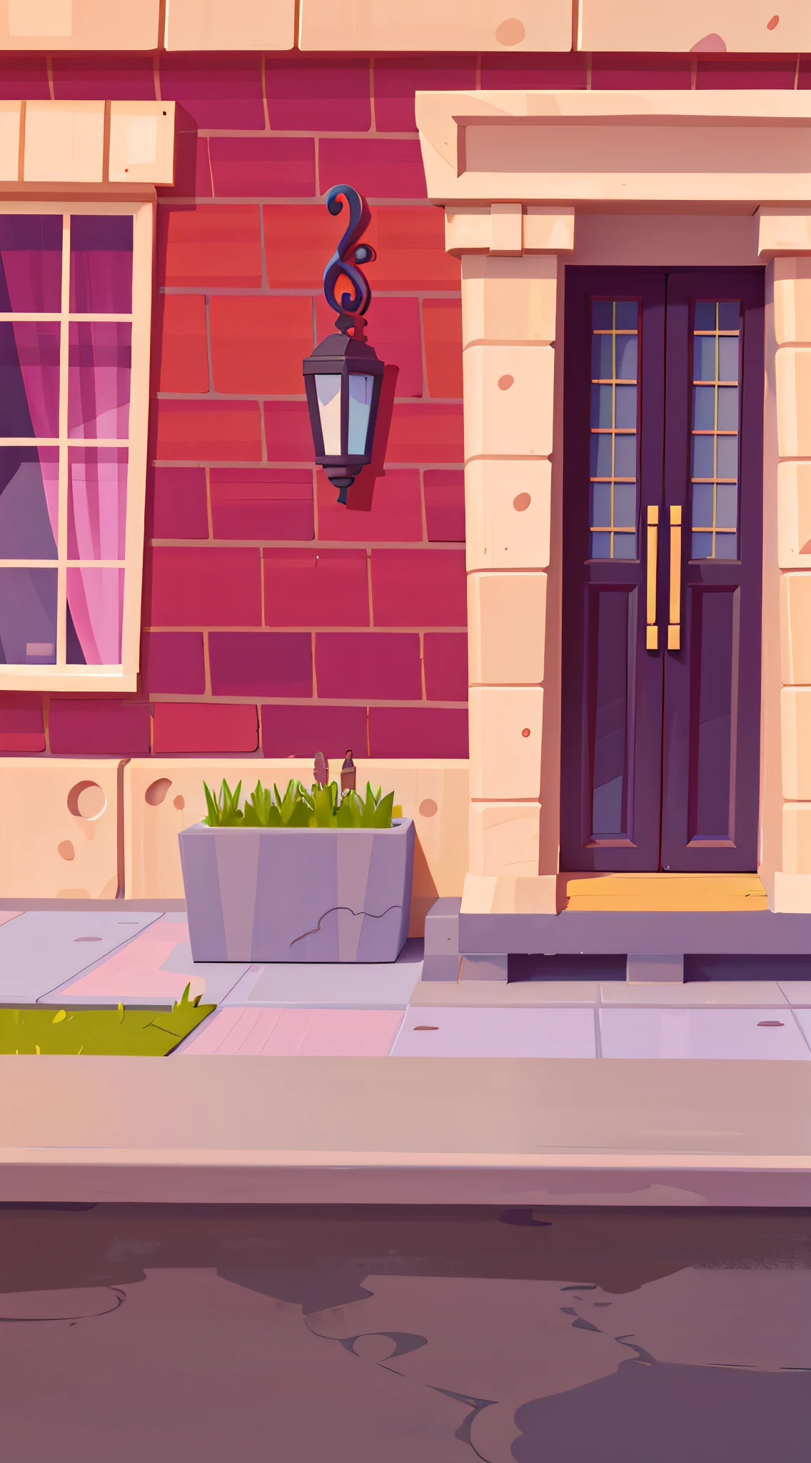 Cartoon illustration on street corner with red brick building and black door, 2 D game art background, arte de fundo, city street view background, random background scene, 2d game background, fundo de casa, background artwork, 2d game environment design, Detailed 2D illustration, Stylized digital illustration, Cartoon style illustration, 2d game asset, Street background