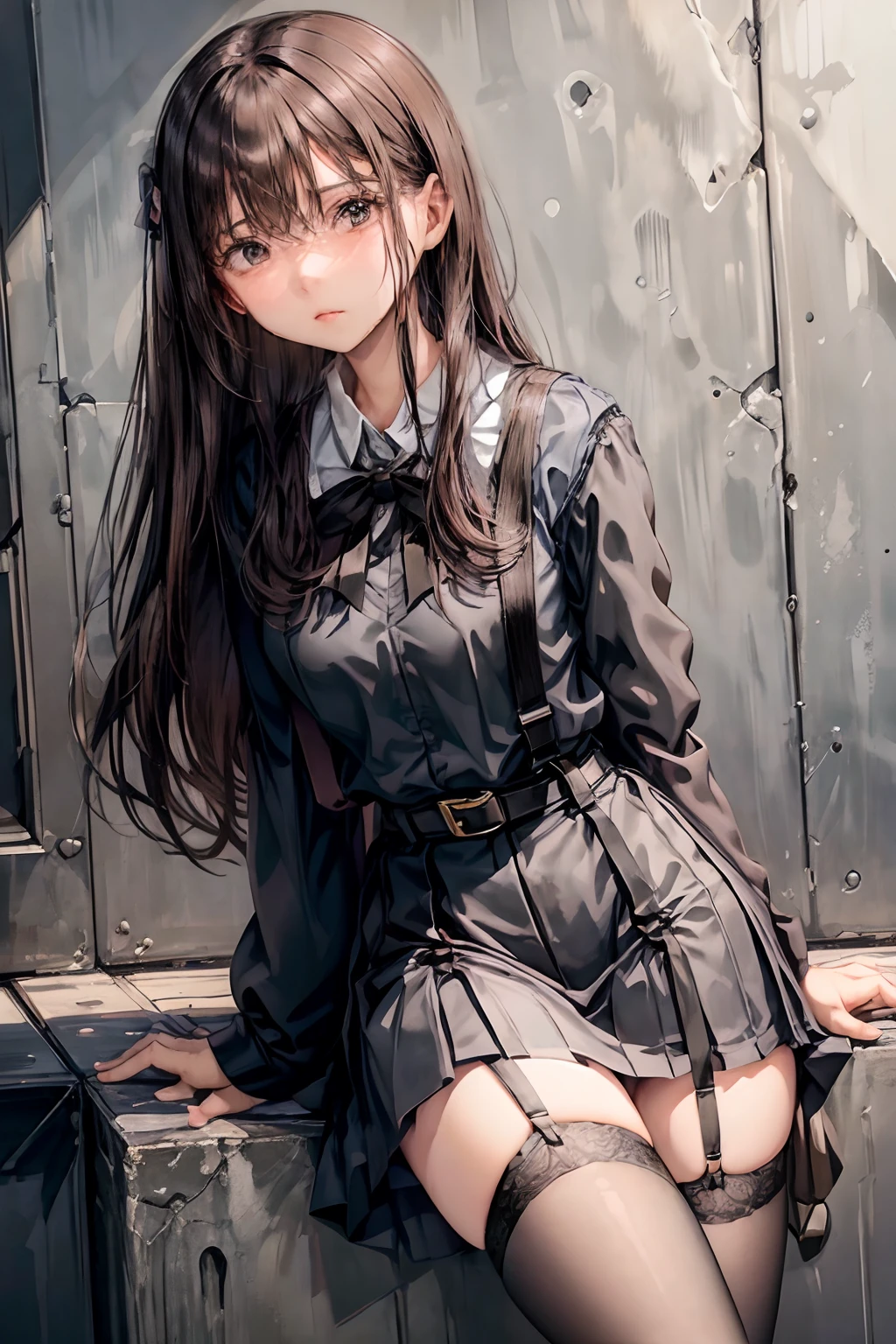 Black skirt, 　suspenders, Brown hair Gray eyes, Garter belt on the legs, Tight black clothes, 　　 a belt　Armpit sweat　　Dark look　Moderately breasts　holster　chain　　poneyTail　Water wetting