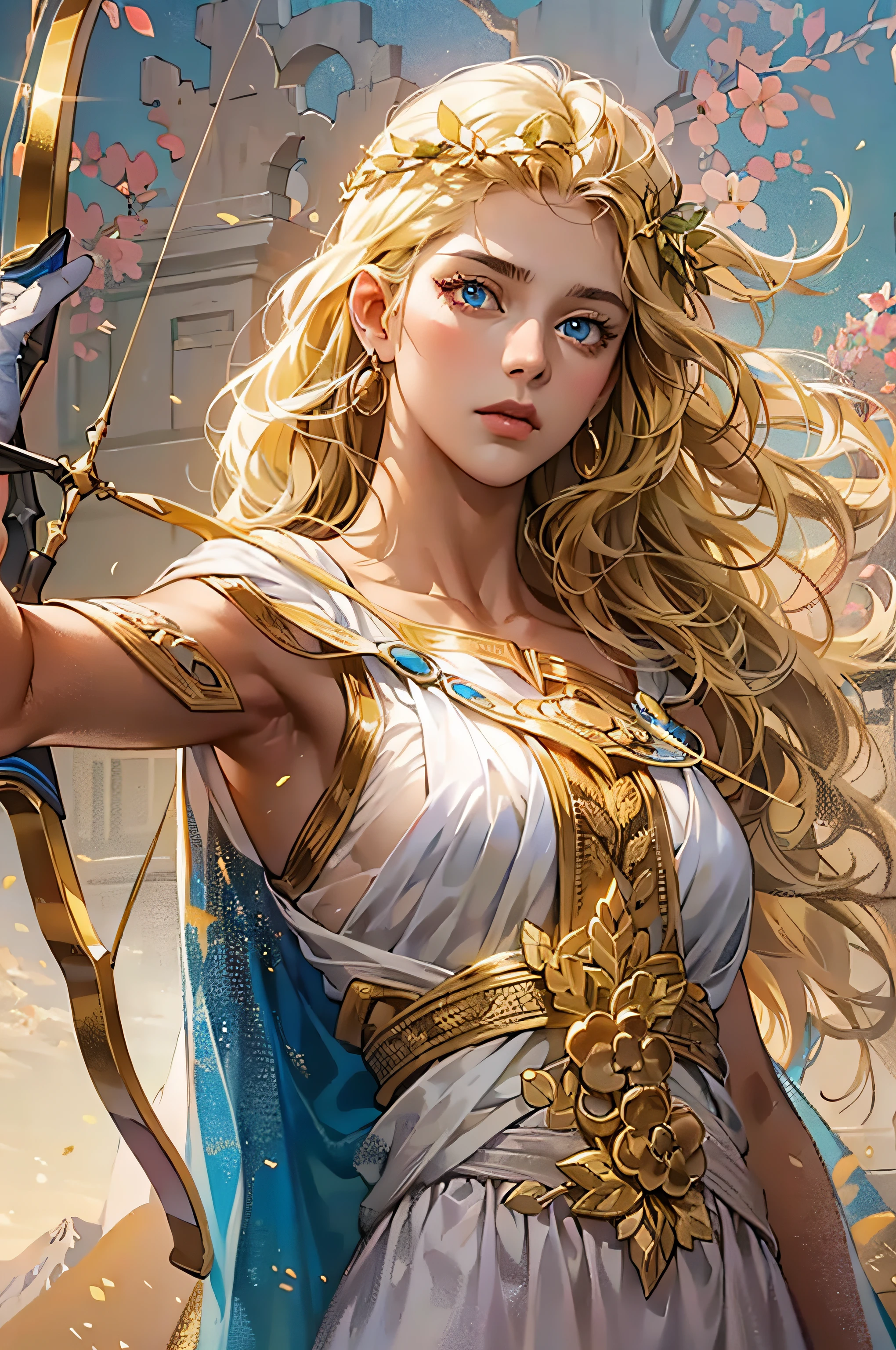 Young virgin greek goddess of wild nature and hunting, with (((Blonde hair))) and (((Blue eyes))), has amazingly and stunningly beautiful appearance, is fair-skinned, slender and tall, Shows off her perfect pair of long legs, wears {sleeveless, (Very short: 1.7), (white:1.5), Greek chitons, With golden border}, Abs, "Looks strict and determined", Holding a ((Golden bow)), archery, Patroling to protect her sanctuary from evil, Mythical Arcadian mountains and forests, Greek mythology, vibrant and lively atmosphere, Cinematic, Mythic fantasy, Hyper-Realism, ultra-quality, Super Detail, ultra accurate description of hands, masterpiece, 8K, HDR