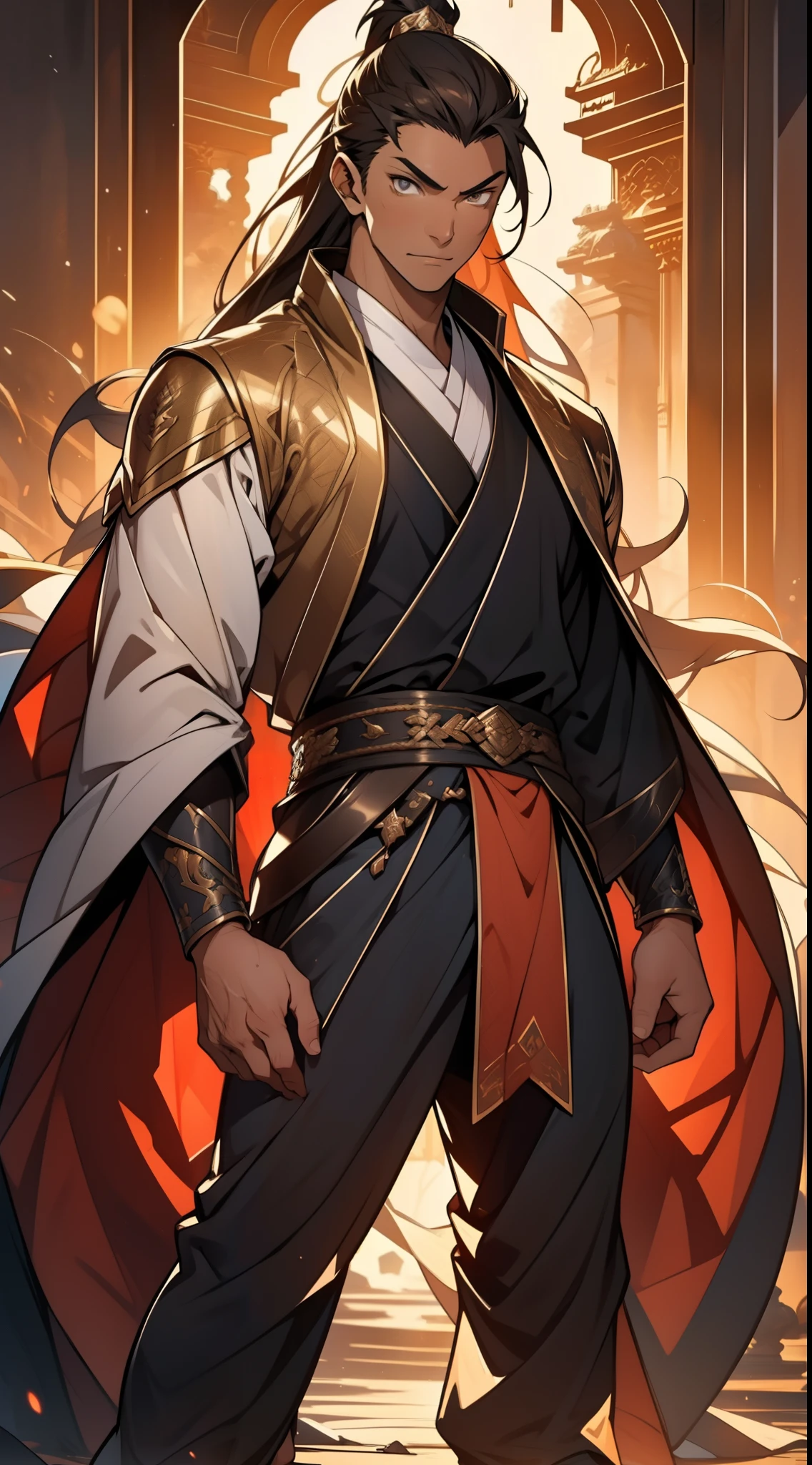 A young man with long brown hair,, Deep and determined eyes, well-defined features, The peoples of Central Asia, Stand on the endless steppe, Two-piece dream-style costume, Elements of the national costume of Central Asia, Thick and long Hanfu robe, A belt is tied around the waist, He wears matching pants. He holds a fantasy sword in his right hand, This character embodies the anime style, Crafted, Fantasy style swordsman design, Characterized by a refined and mature manga illustration art style, Full body character drawing, High definition, Best quality, A high resolution, Ultra-detailed, Ultra-fine painting, Extremely delicate, professional, Anatomically correct, Symmetrical face, Extremely detailed eyes and face, High quality eyes, creativity, RAW photo, hyper HD, 8K, Natural light, Cinematic lighting, Masterpiece:1.5