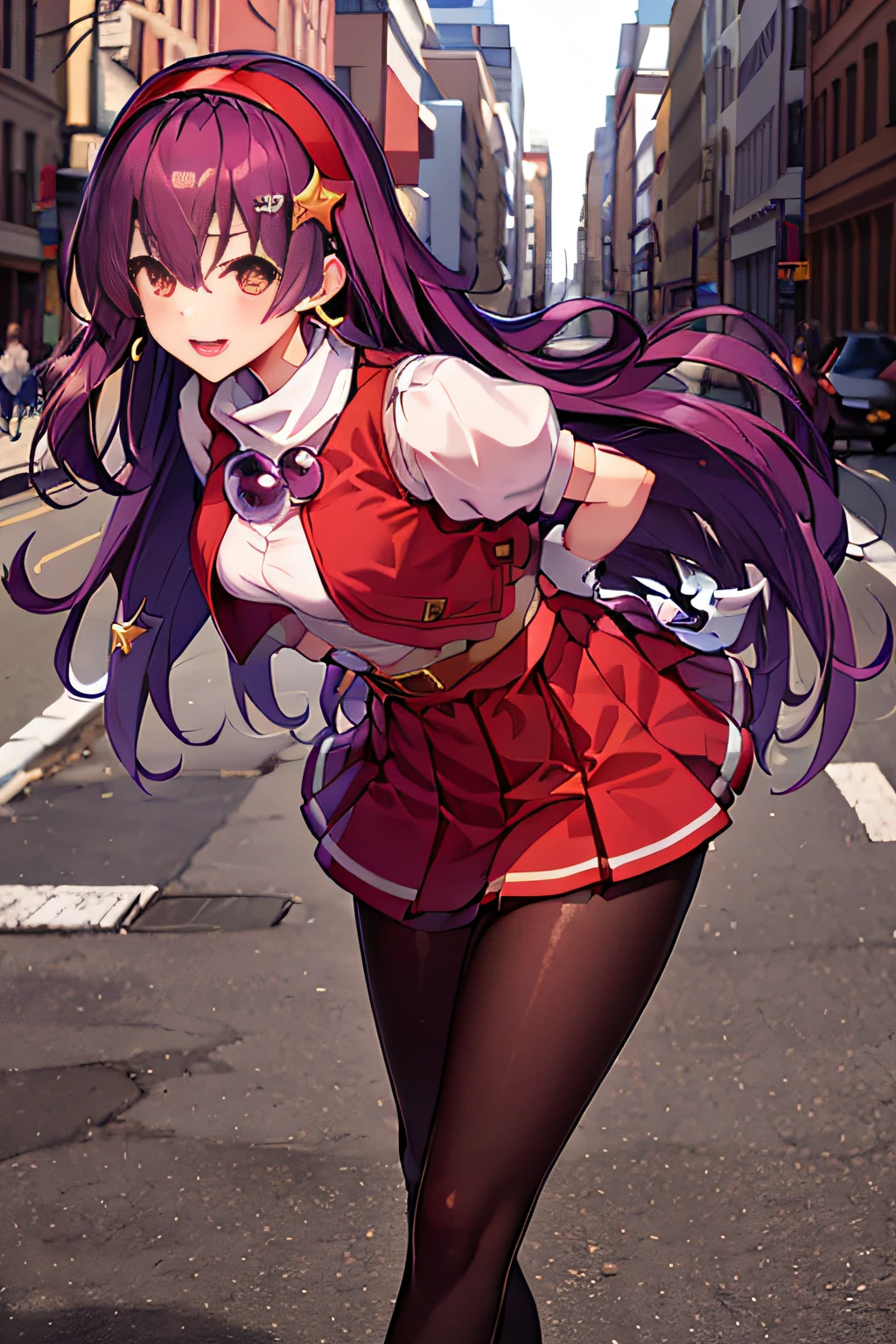 (masterpiece), (best quality), (ultra-detailed), intricate detail, athena97, 1girl, solo, purple eyes, purple hair, long hair, white earrings, red hairband, star hair ornament, medium breats, red vest, white turtleneck, white puffy sleeves, short sleeves, red pleated skirt, (deep red pantyhose:1.2), black pantyhose, yellow belt, purple sphere shape necklace, red fingerless gloves, white short socks, red shoes, (outdoors), photography, smile, blush, sunny, nsfw, cowboy shot, blurry background, street background,