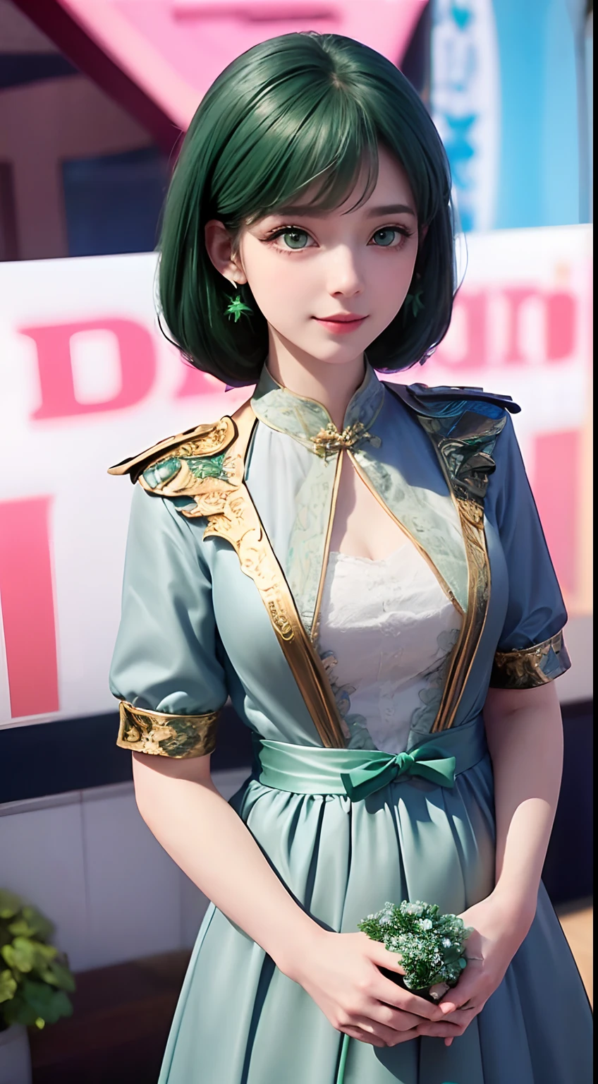 , Hairstyle-Green, No makeup, beautiful fair skin,1 lady only, /(Volleyball uniforms/), Bangs, Blushing smile, (Masterpiece Best Quality:1.2) Exquisite illustrations with rich details, Big BreastsBREAK /(Indoor volleyball court/)