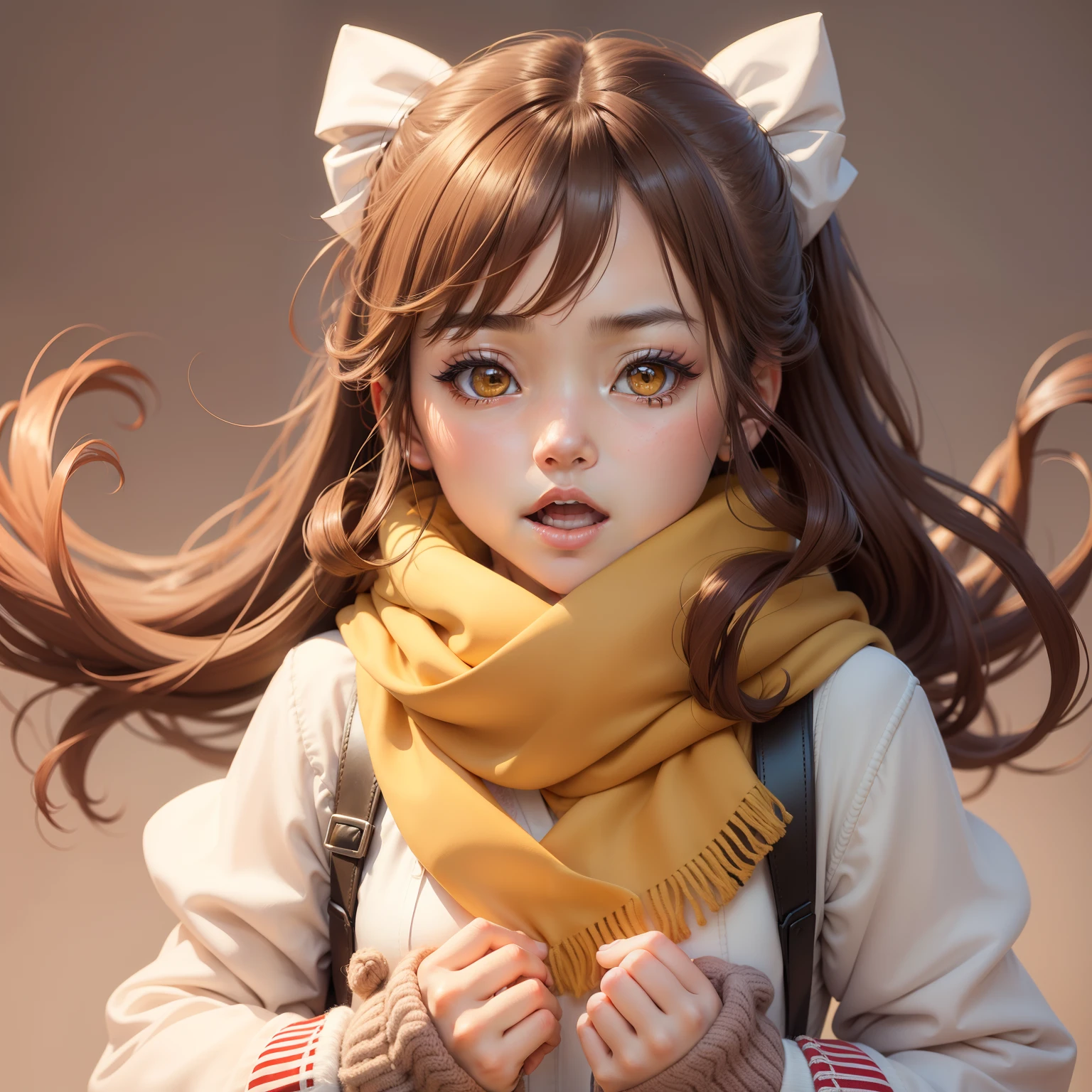 km, 1girl in, ascot, blush, Bow, Brown eyes, Brown hair, Hair Bow, hair tubes, Komono, Long hair, mittens, nontraditional miko, 1-hour drawing challenge, Open mouth, Portrait, Red bow, Red mittens, scarf, side locks, Simple background, Solo, White background, yellow ascot, yellow scarf Pee お漏らし