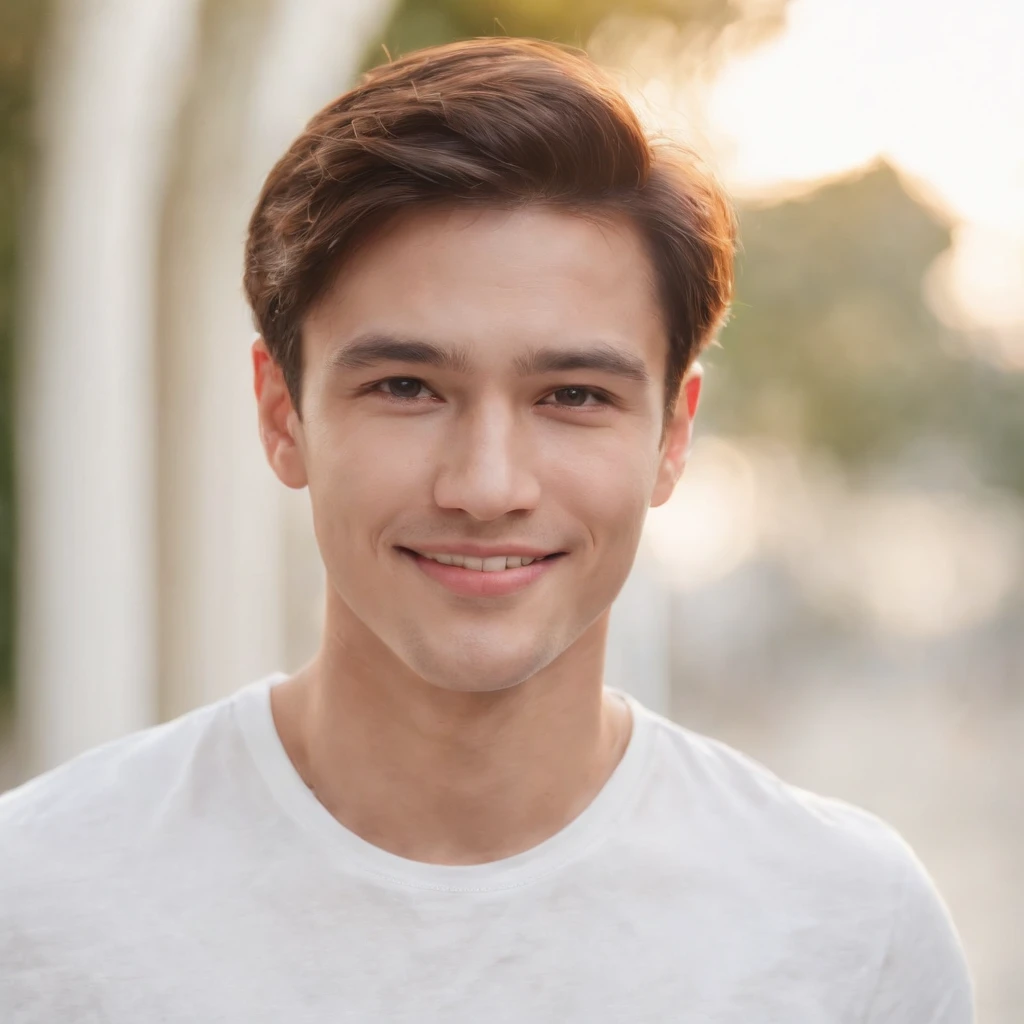 (photo: 1.3) af (realism: 1.3), male headshot, soft light, face focus, ((((white t-shirt))) happy, cheerful, smiling, warm light, ((blank background)) , profile picture, (long hair or short hair), smiling, handsome, young, , short hair, smiling