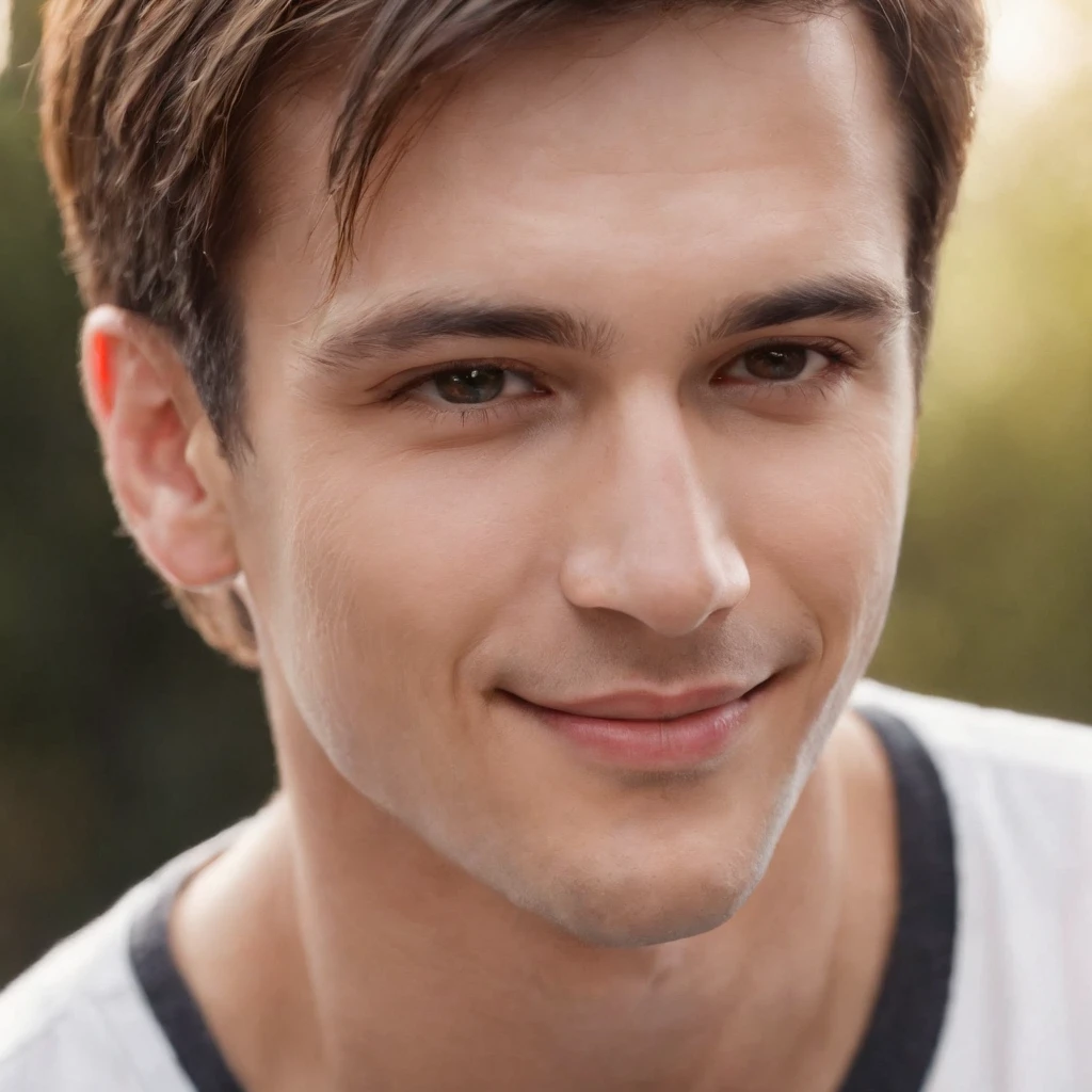 (photo: 1.3) af (realism: 1.3), male headshot, soft light, face focus, ((((white t-shirt))) happy, cheerful, smiling, warm light, ((blank background)) , profile picture, (long hair or short hair), smiling, handsome, young, , short hair, smiling