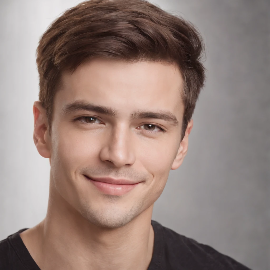 (photo: 1.3) af (realism: 1.3), male headshot, soft light, face focus, ((((white t-shirt))) happy, cheerful, smiling, warm light, ((blank background)) , profile picture, (long hair or short hair), smiling, handsome, young, , short hair, smiling