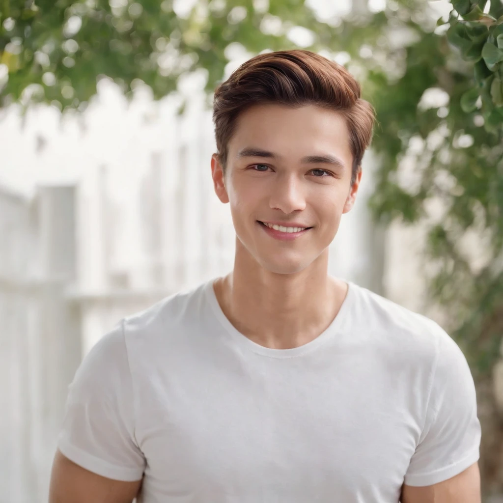 (photo: 1.3) af (realism: 1.3), male headshot, soft light, face focus, ((((white t-shirt))) happy, cheerful, smiling, warm light, ((blank background)) , profile picture, (long hair or short hair), smiling, handsome, young, , short hair, smiling