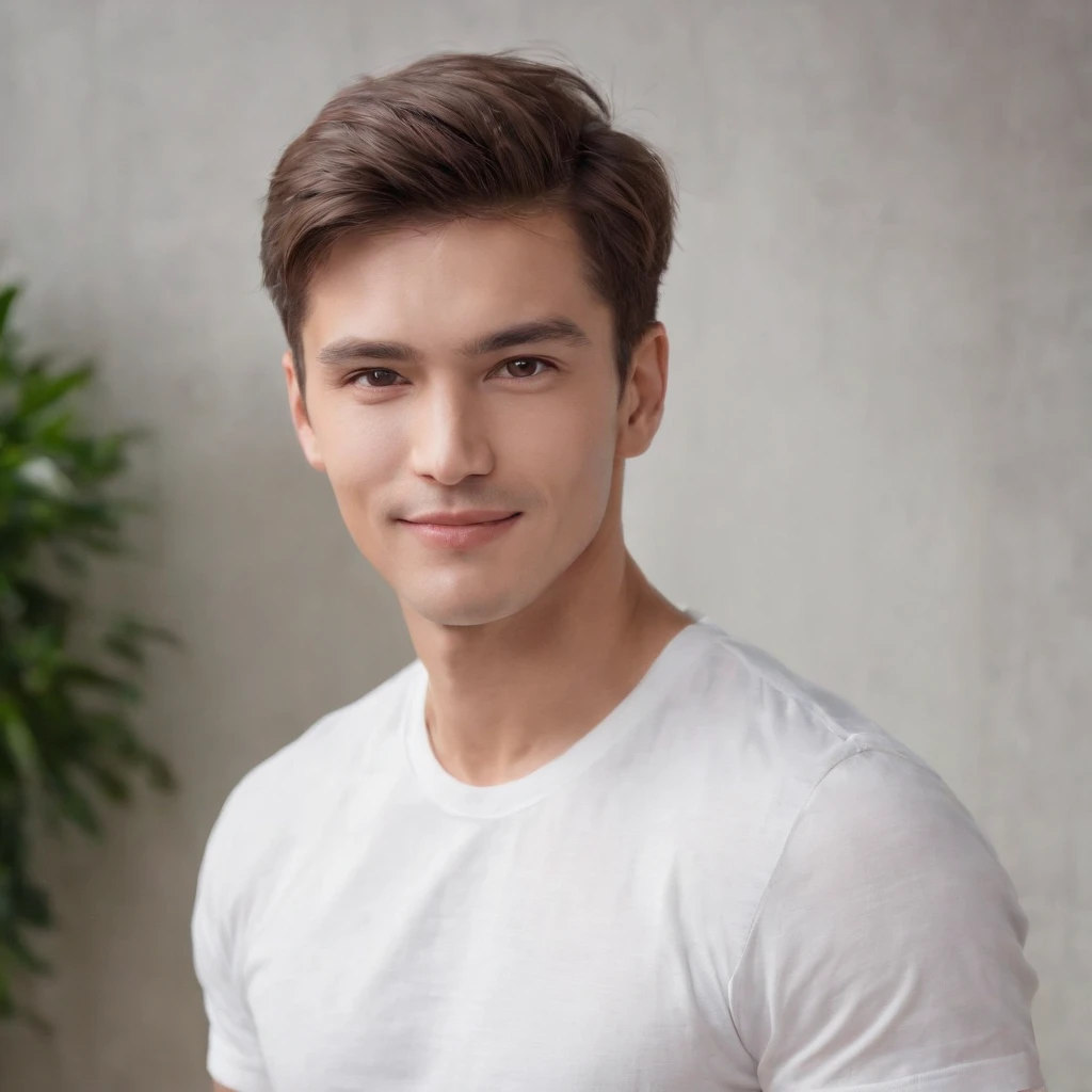 (photo: 1.3) af (realism: 1.3), male headshot, soft light, face focus, ((((white t-shirt))) happy, cheerful, smiling, warm light, ((blank background)) , profile picture, (long hair or short hair), smiling, handsome, young, , short hair, smiling