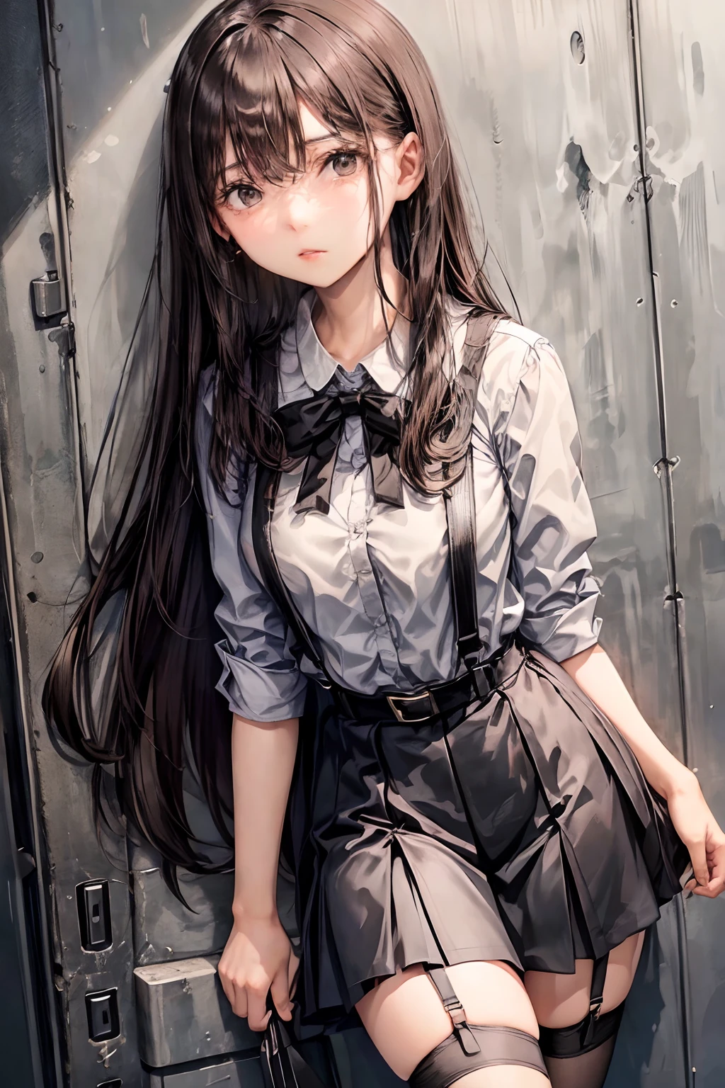 Black skirt, suspenders, Brown hair Gray eyes, Garter belt on the legs, Tight black clothes, a belt Armpit sweat Dark look Moderately breasts holster chain poneyTail Water wetting