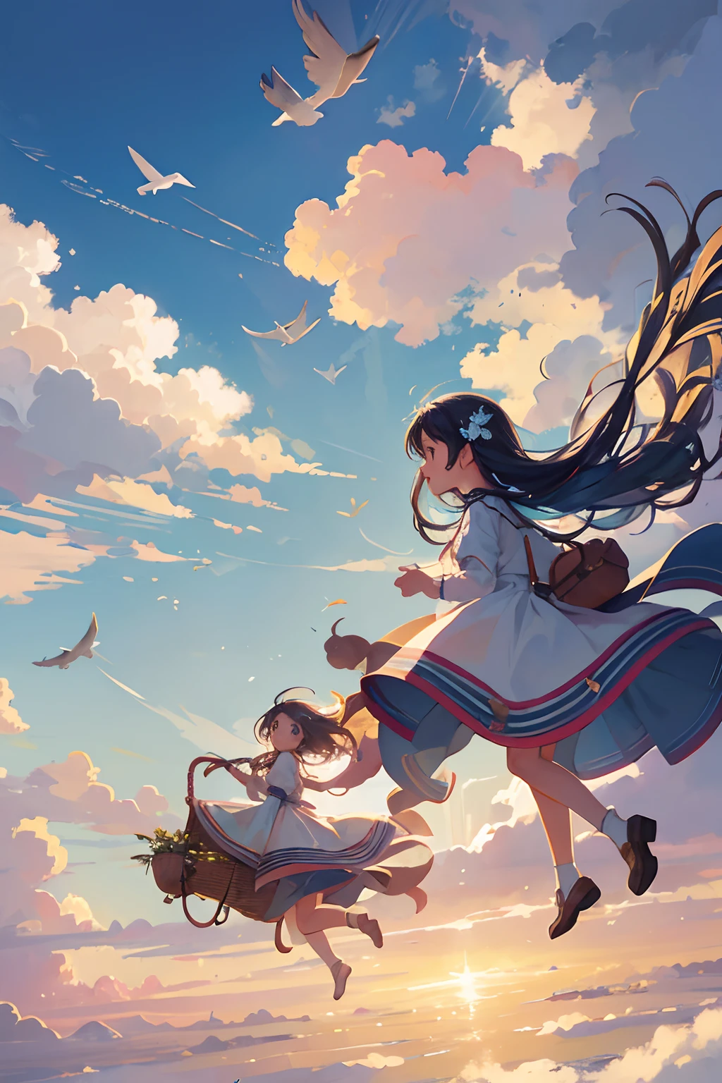 Create illustrations featuring children frolicking freely in a calm sky of enchanting whims and nostalgic. The sky itself exudes an aura of enchantment and nostalgia, Dreamy casting, hazy atmospheres. It serves as their endless playground, Full of surprises and possibilities. When they soar through the air, Their laughter and joy are carried by the breeze, Creating an image of carefree exploration. The clouds above form a picturesque background, Add a dreamy nostalgic quality to your scenes. This moment is、zora々Capture the essence of vibrancy, The magic of flying, Eta、The timeless charm of the sky