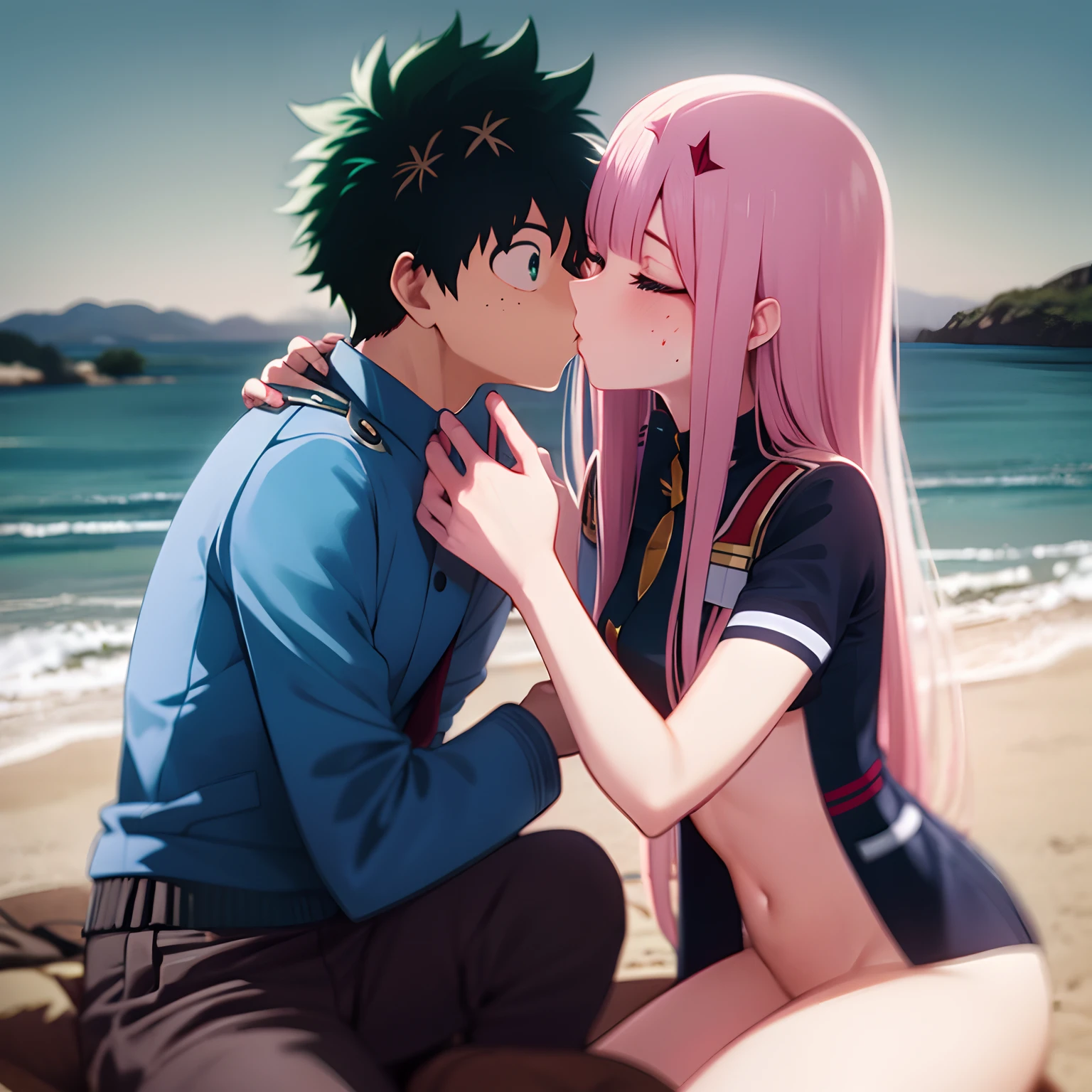 zero two, 1girl, zero two naked_shirt,vest_print:, izuku from bnha, izuku and zero two being a lovey dovey couple very affective in a beach, izuku with pants and pullover, love , happy, ,1girl, sitting, kiss