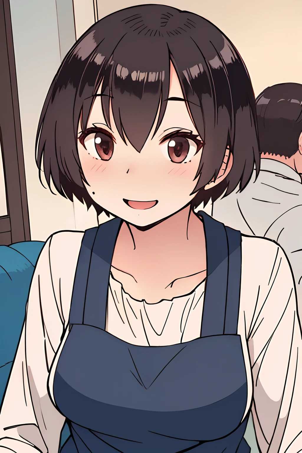 1girl, KENCHAN-MAMA, apron, Short hair, black hair, brown eyes, Solo, Solo Focus, female focus, face focus, upper body, smile,