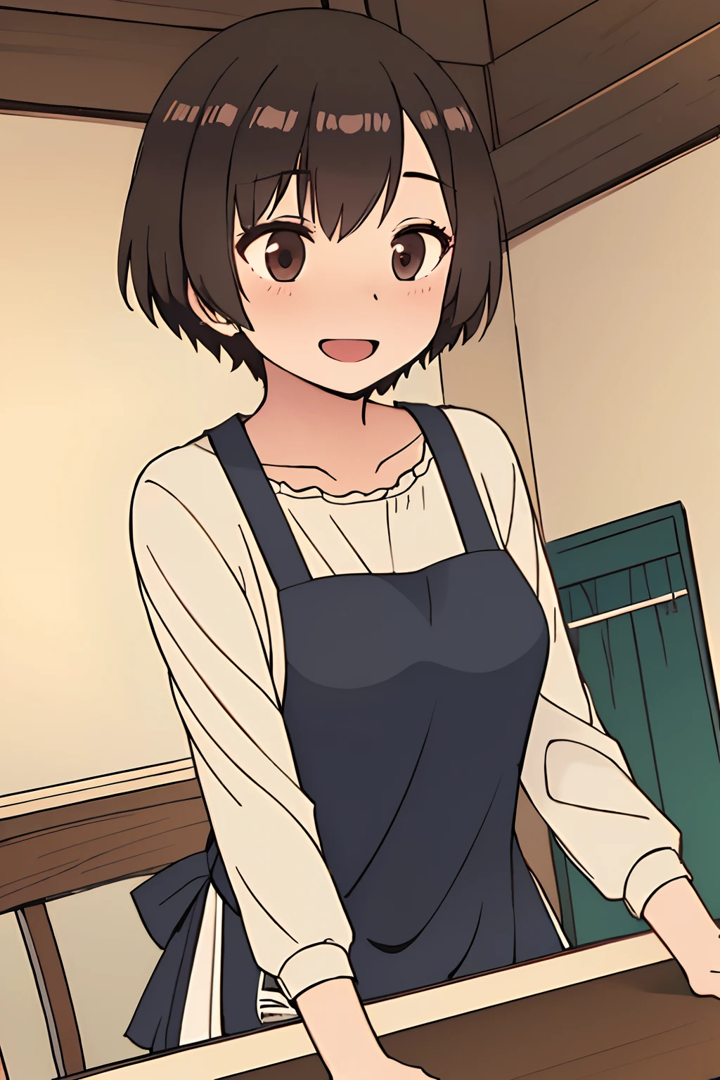 1girl, KENCHAN-MAMA, apron, Short hair, black hair, brown eyes, Solo, Solo Focus, female focus, face focus, upper body, smile,