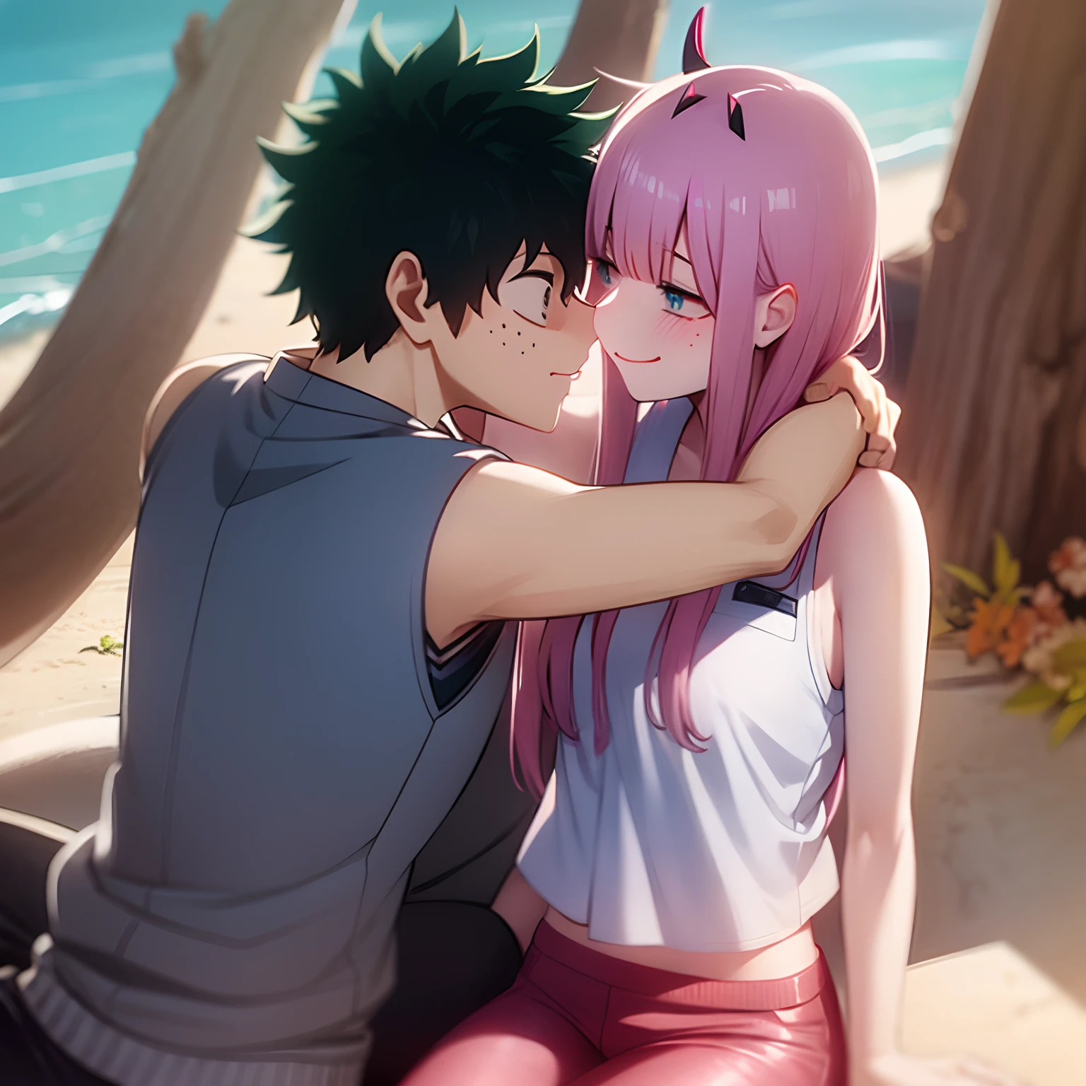 zero two, 1girl, zero two naked_shirt,vest_print:, izuku from bnha, izuku and zero two being a lovey dovey couple very affective in a beach, izuku with pants and pullover, love , happy, ,1girl, sitting, kiss