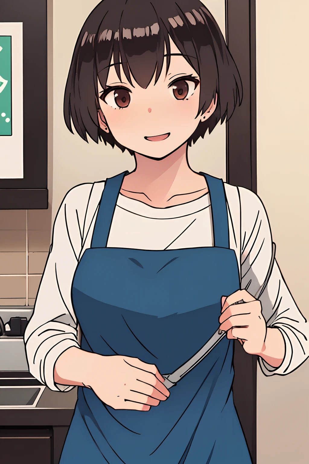 1girl, KENCHAN-MAMA, apron, Short hair, black hair, brown eyes, Solo, Solo Focus, female focus, face focus, upper body, smile,