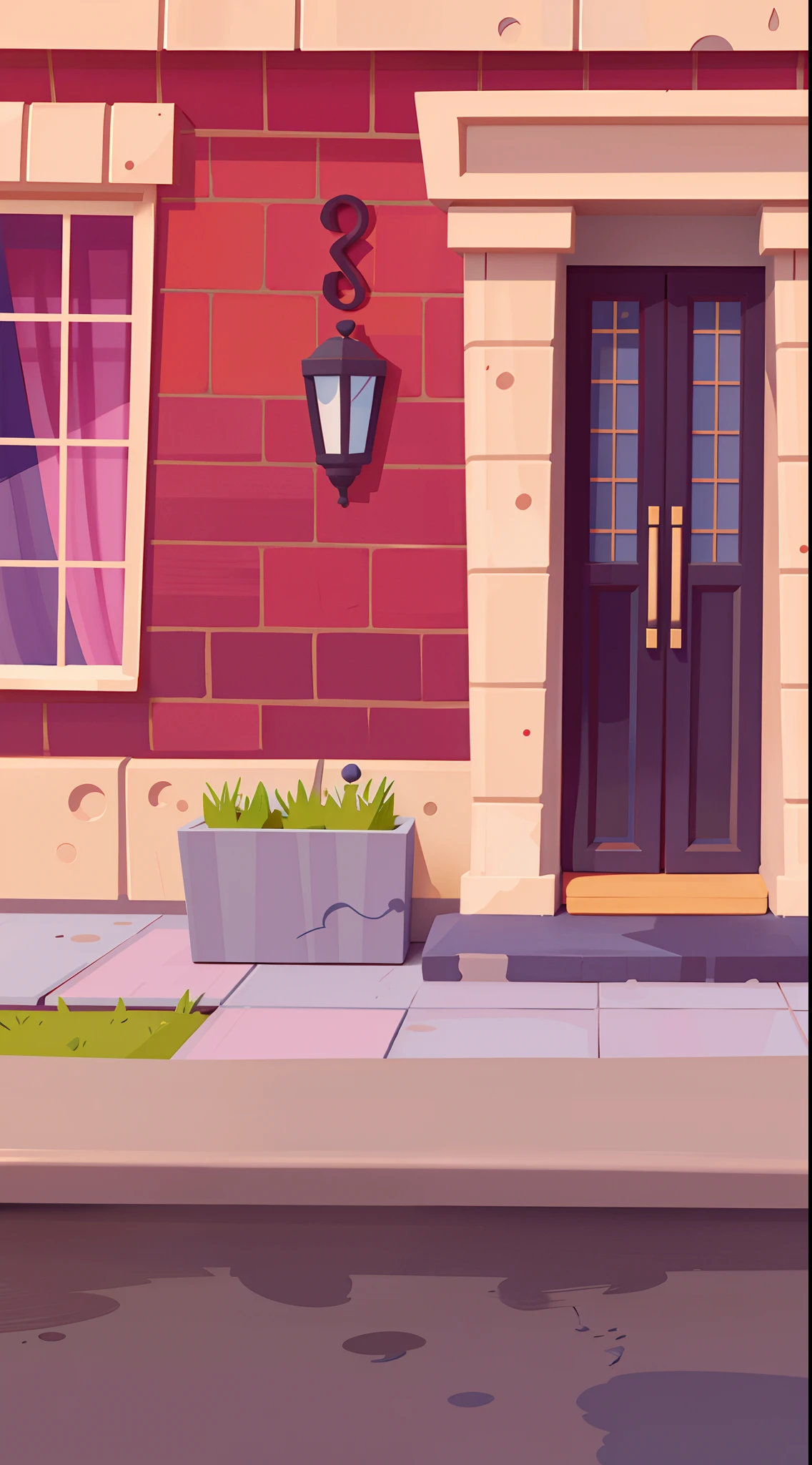 Cartoon illustration on street corner with red brick building and black door, 2 D game art background, arte de fundo, city street view background, random background scene, 2d game background, fundo de casa, background artwork, 2d game environment design, Detailed 2D illustration, Stylized digital illustration, Cartoon style illustration, 2d game asset, Street background