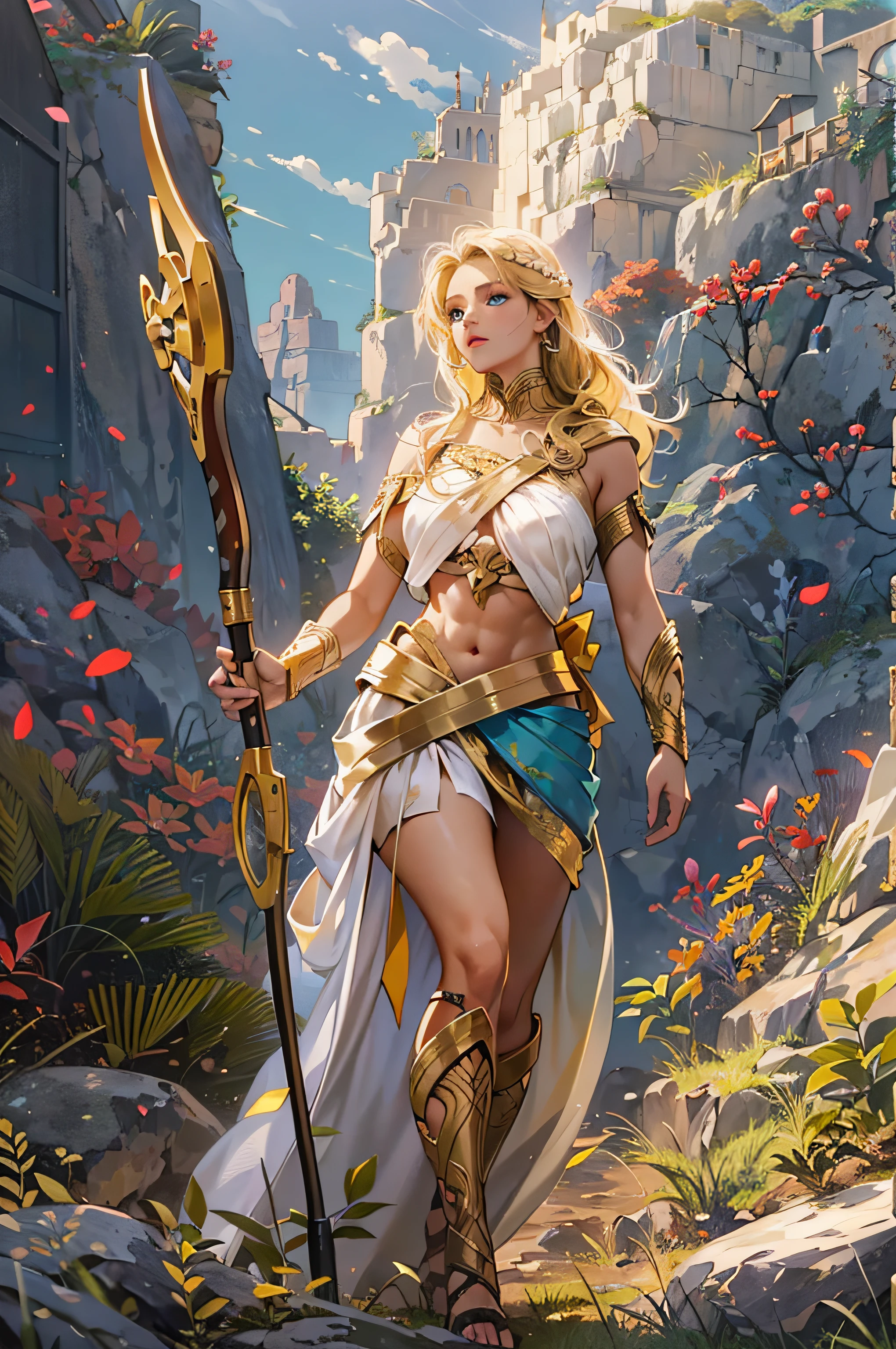 Young virgin greek goddess of wild nature and hunting, with (((Blonde hair))) and (((Blue eyes))), has amazingly and stunningly beautiful appearance, is fair-skinned, slender and tall, Shows off her perfect pair of long legs, wears {sleeveless, (Very short: 1.7), (white:1.5), Greek chitons, With golden border}, Abs, "Looks strict and determined", Holding a ((Golden bow)), archery, Patroling to protect her sanctuary from evil, Mythical Arcadian mountains and forests, Greek mythology, vibrant and lively atmosphere, Cinematic, Mythic fantasy, Hyper-Realism, ultra-quality, Super Detail, ultra accurate description of hands, masterpiece, 8K, HDR