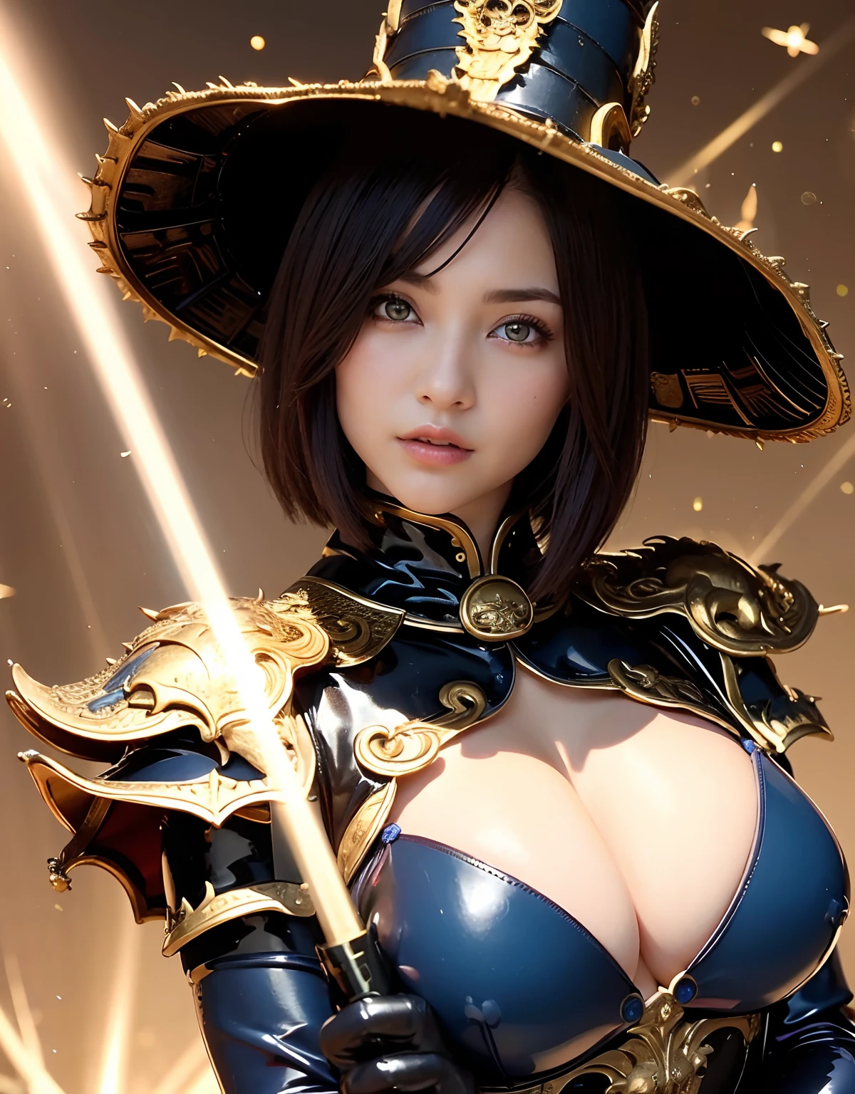 ((World of Darkness)),Professional , masterpiece、top-quality、photos realistic , depth of fields 、(((Fight dragons))),(Dragon Black Metal Body:1.9),(Latex Blue、(cleavage of the breast),(Fight dragons)、、(((Particles of light))),(Micro Bikini Armor:1.7),Gorgeous gold weapons ,(Fight dragons)、Seductive look、The face of the dragon is out、(blood splattere、Armpit、((((With a magic wand))), ) , (((Wearing a black latex wizard hat))),(demonic wings) ,((a blond))、(Castle background)、((Gangle's forest background))、Beautiful Caucasian beauty、1a person、Armpit、dynamic ungle,(((Detailed Gold Dragon Wizard Hat)))、Smaller head、A smile、Castle background、Thin and beautiful female hands、cleavage of the breast、Soldier in iron armor on background、Mystical expression、Light Effects、intense fighting、Wind-effect、magic circles、With the legendary magic wand、Dragon's tail、explosions、Toostock、Toostock、(Beautuful Women),