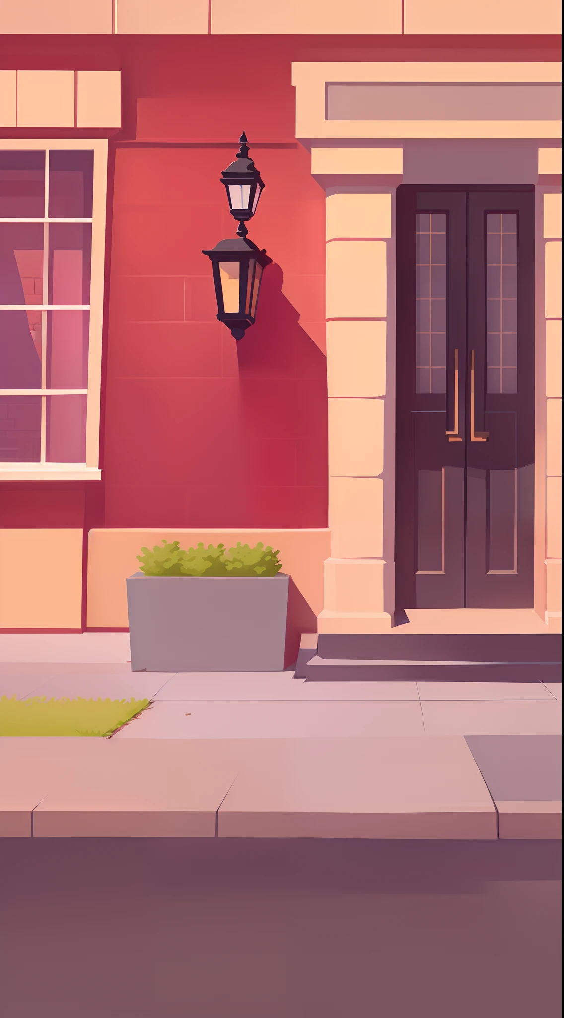 Cartoon illustration on street corner with red brick building and black gate, 2 D game art background, arte de fundo, city street view background, random background scene, 2d game background, fundo de casa, background artwork, 2d game environment design, Detailed 2D illustration, Stylized digital illustration, Cartoon style illustration, 2d game asset, Street background