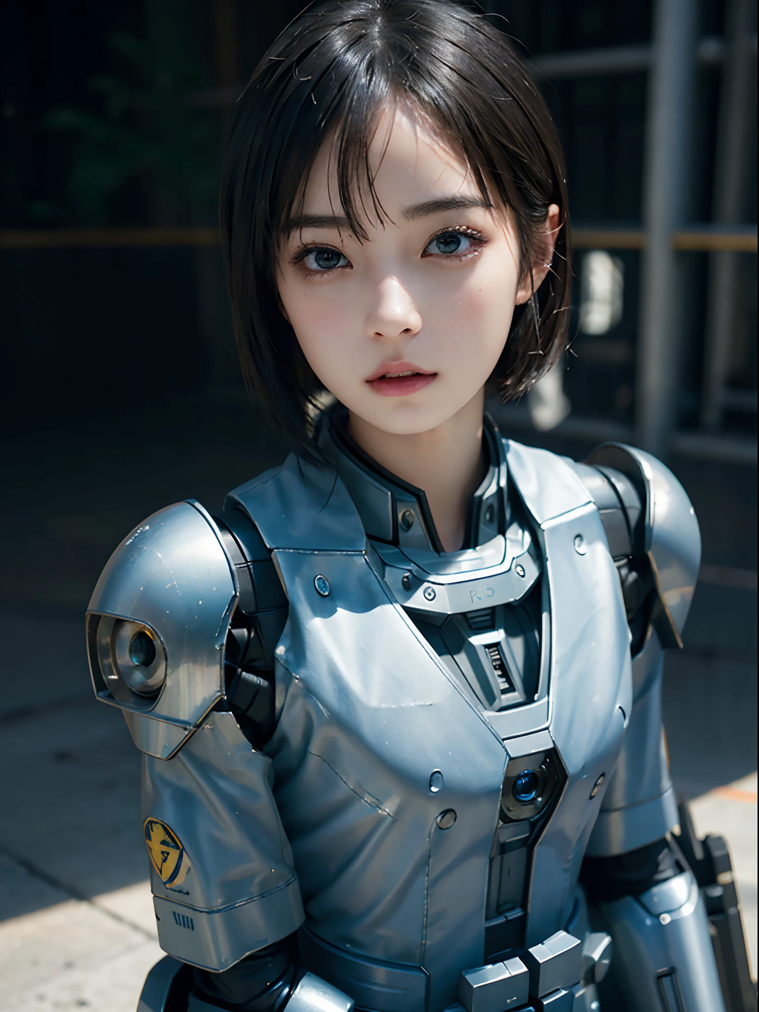 masterpiece、1 Beautiful Girl、A detailed face、A detailed eye、Detailed skin、top-quality、japanes、Illuminated from the front with bright lighting、profetional lighting、Always face straight ahead、The background is a little blurry、The background is inside a secret base that houses robots、short-hair、Cyberpunk costumes(Mechanical Battlesuit)Wearing、The tattoo、full bodyesbian、Portrait wind、part of the hair and the color of the costume and tattoo is white、Crying expression、Loneliness overflows、