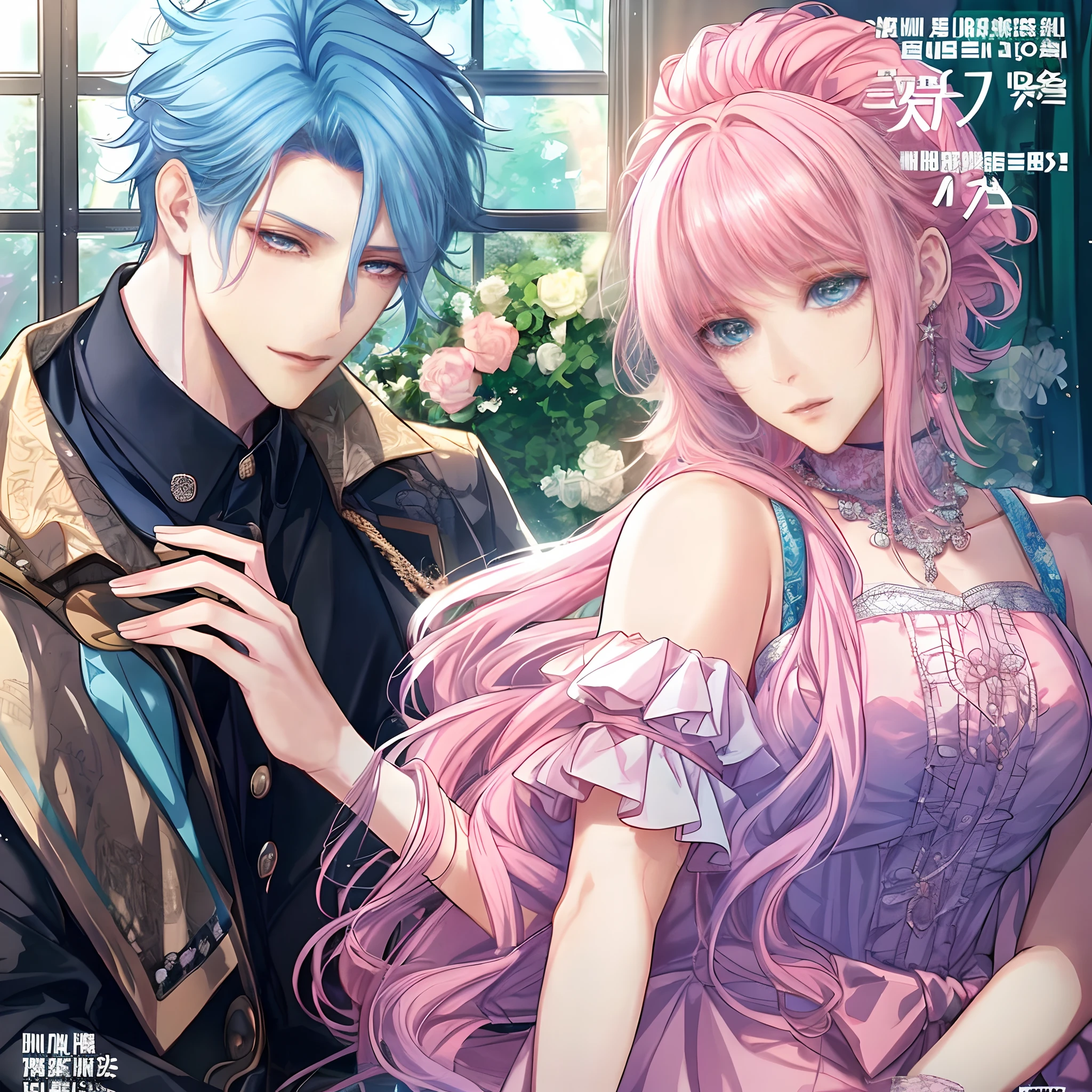((Male and female couples)), window, Idol Photos, Magazine covers, Photos of actors, Professional Photos, Height difference, tall male, Happiness, youthfulness, extra detailed face, detailed punk hair, very detailed character, inspired by Sim Sa-jeong, Cai Xukun's, detailed realistic faces, highly detailed realistic face, high detailed face anime, realistic detailed face, Accurate detailed face, attractive androgynous humanoid, Cool Korean fashion in black, ((With a man with light blue hair)), ((Woman with pink hair)), ((Woman with long hair below waist)), ((Man with short hair over ears)), ((Pink hair woman with gentle expression)), ((Man with light blue hair with wild expression)), high-level image quality, masterpiece, Photographed so that the whole body can be seen, Photographed to make clothes look beautiful, Take your eyes off, ((two individuals)), ((British couple))