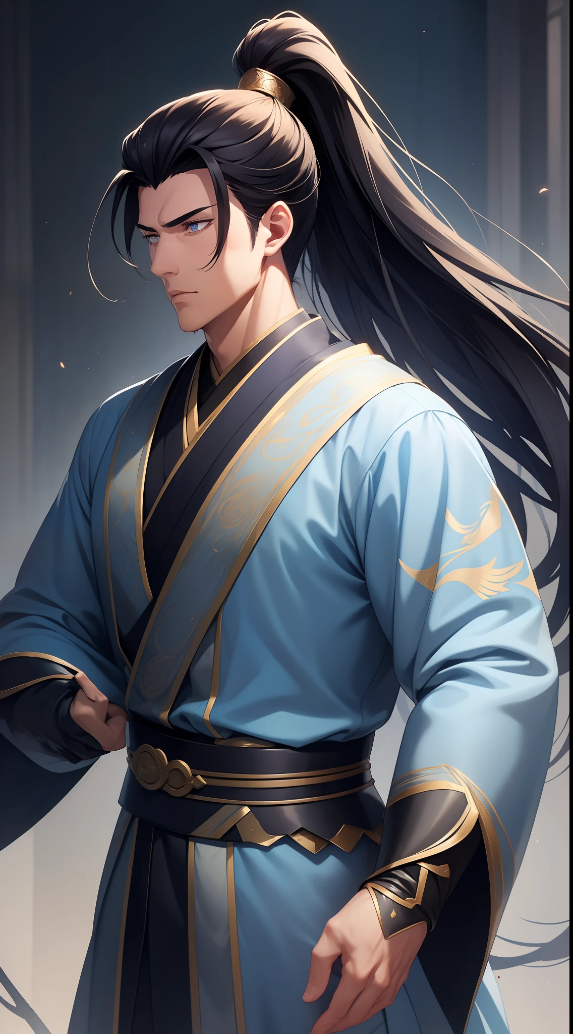 quadratic element，style of anime，mtu（Male Warrior），The proportions are correct，Face details，swordsmen，High ponytail hairstyle，Neck details，There is an Adam's apple，Blue suit，kaftan，long blue robes，clothes details，Handing over，longer sleeves，Game quality，Swordsmanship，Light and shadow tracking，Ray traching，detailed glow，cg render，hair detail，cabelos preto e longos，blue colored eyes，Handsome，Handsome，（juvenile sense），Clothing is complicated，Perfectcomposition，Refinement，high qulity，higher details，Lots of details，The background is complex，a sense of atmosphere，